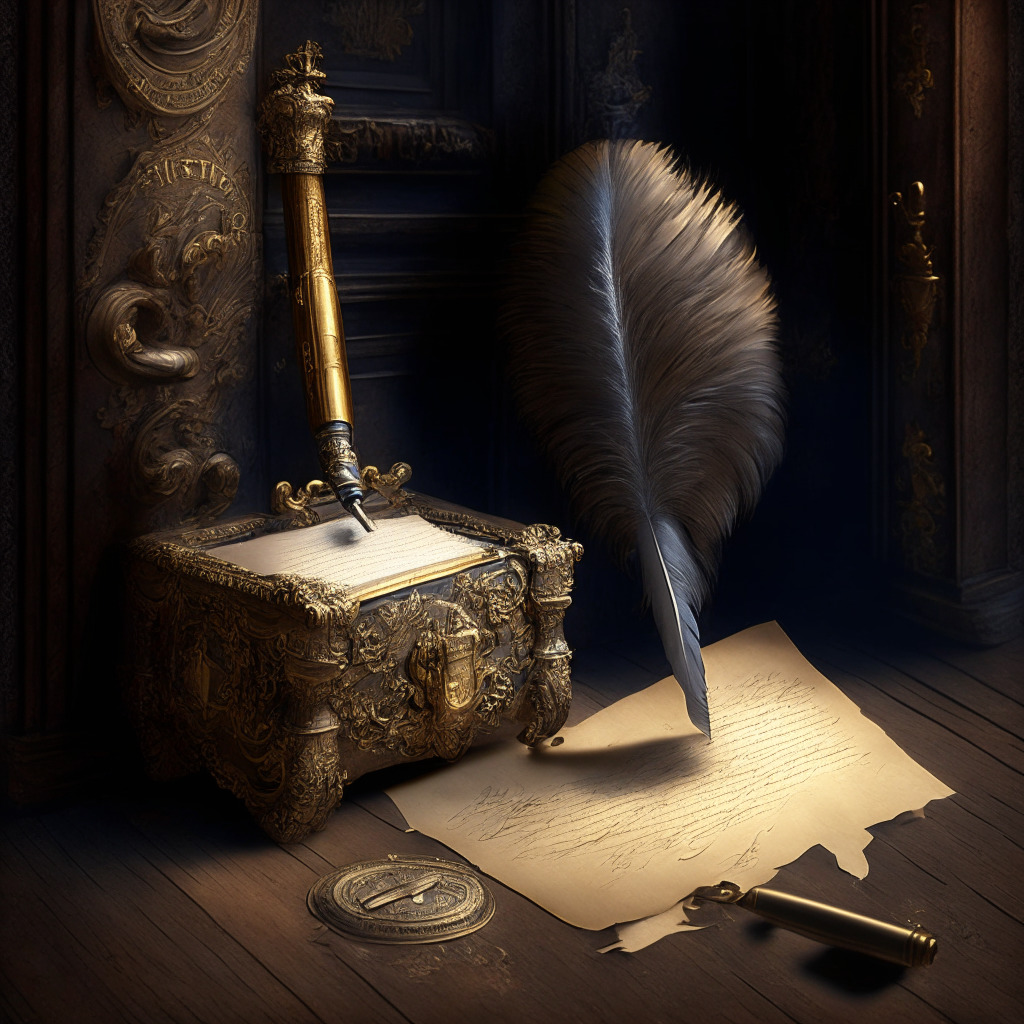 A symbolic image of a large, ornate, antique lock being unsealed by a classic feather quill, representing the unsealing of documents involving a significant cryptocurrency case. The scene should evoke an atmosphere of mystery, with a mood of both tension and anticipation. Bathed in the soft, contrasting light reminiscent of Dutch Golden Age paintings, the image hints at change, uncertainty, engagement and profound impact on regulatory landscapes. The color palette of the image should spread across mellow golds, stark blacks, and intense blues, metaphorically illustrating the interplay between transparency, obscured information and the unknown.