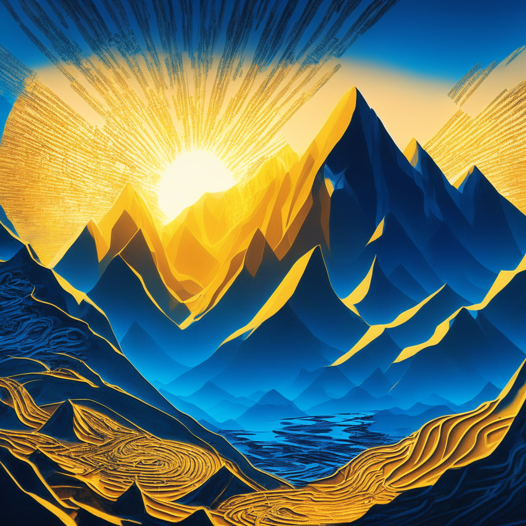 Digital sunrise illuminating a varied landscape of undulating peaks and valleys, a metaphor for altcoin market dynamics. Pioneering tokens SNX and LPT ascend, radiating a golden glow, against the backdrop of stagnant crypto giants, artfully crafted in blues. A sense of risk, opportunity, and volatility fills the air, evoking suspense and intrigue. All elements subtly stylized in a Picasso-like cubist manner, under a soft, natural light.