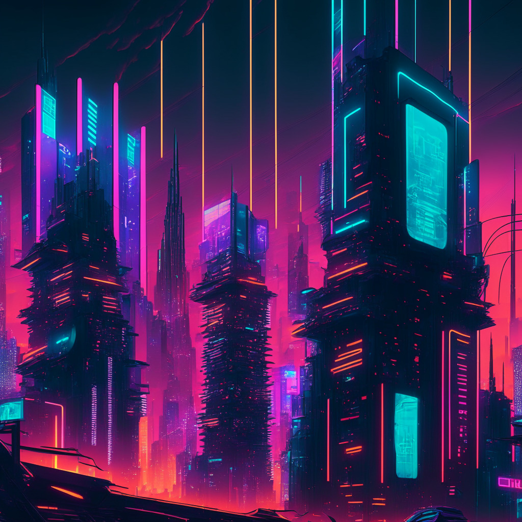 A futuristic cityscape with towering digital screens displaying abstract token symbols under a twilight sky, pulsating with vibrant neon colors. The city is busy and bustling, representing the global audience. Style is Cyberpunk, emphasizing the cutting-edge technology. The city's architecture subtly mimics a stock exchange while reflecting a sense of intrigue, indicating the mixed reactions towards decentralization.