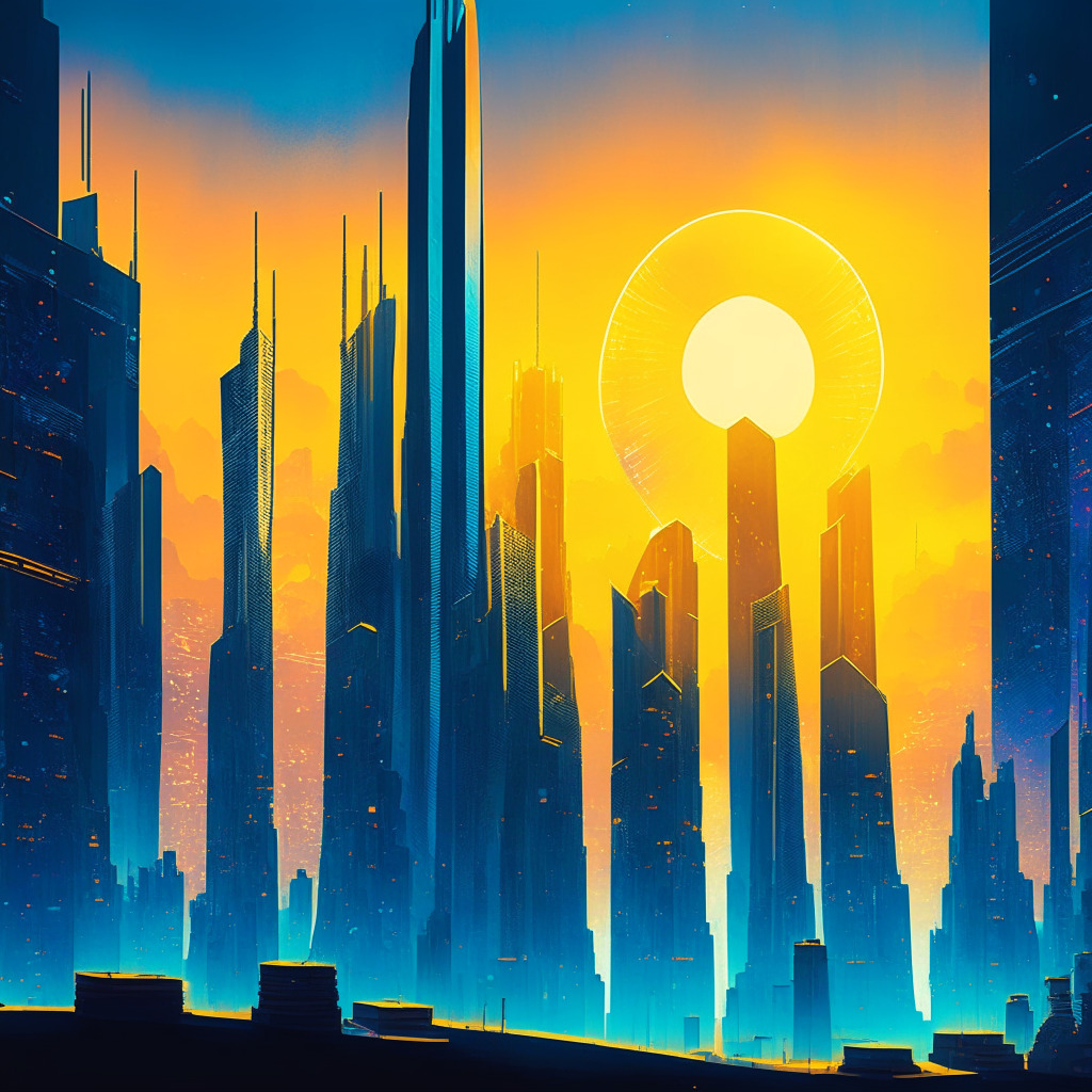 Dawn breaking over a vast, futuristic city, steeped in vibrant hues of blue and gold. The city is built on a giant Ethereum coin, representing its backing blockchain. Shadowy Layer 2 skyscrapers rise in an arc around the city, symbolising the auxiliary systems. A flurry of beams darting between buildings, illustrating the network transactions, while users are represented as tiny particles of light, moving hastily. Yielding a sense of growth, momentum, and innovation challenges.