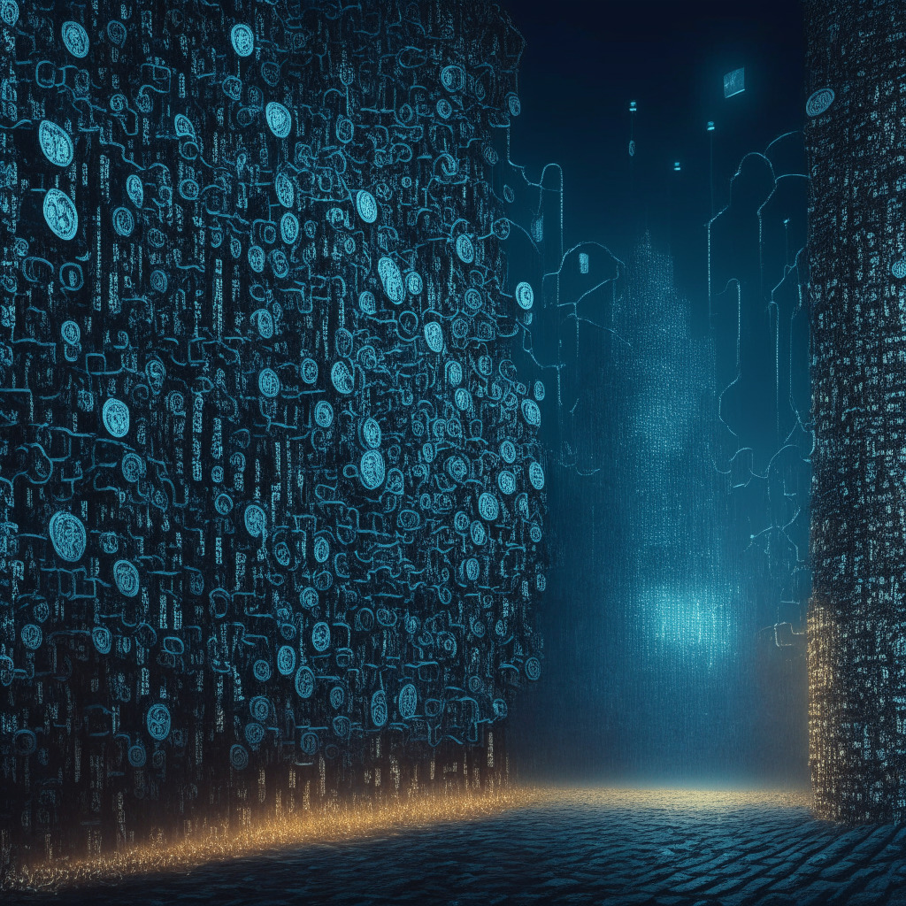 An impressionistic vista of a towering wall fashioned from shimmering crypto coins, flanked by blockchain chain links, representing blockchain technology and digital asset markets. The scene has an ethereal twilight glow, with ominous dark undertones symbolizing regulatory and adoption challenges. Forked pathways lined with six signposts embody the World Federation of Exchanges' recommendations, exuding a safe, guided feel. In the foreground, a defaced signpost marked 'exchange' casting long shadows, provokes caution. Completing the scene, a silhouetted figure navigates the paths, amid sporadic light rays breaking through the wall, suggesting growth and potential of these emerging markets.