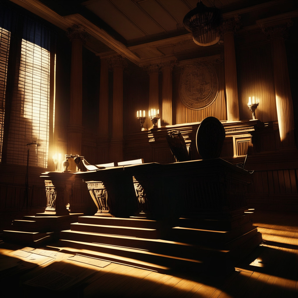 A dusk-lit courtroom, highlighting the tension in the air, dominated by a large, symbolic gold and silver Bitcoin ETF, its light reflecting off the walls. The atmosphere is heavy with anticipation. A set of neatly stacked amendment papers sit on an aged, oak table. Shadows and light play on the intricate carvings of the chair, suggesting the gravity of the proceedings. The style is akin to a realistic oil painting, capturing every meticulous detail, shimmering with a hope of overcoming the regulatory hurdles.