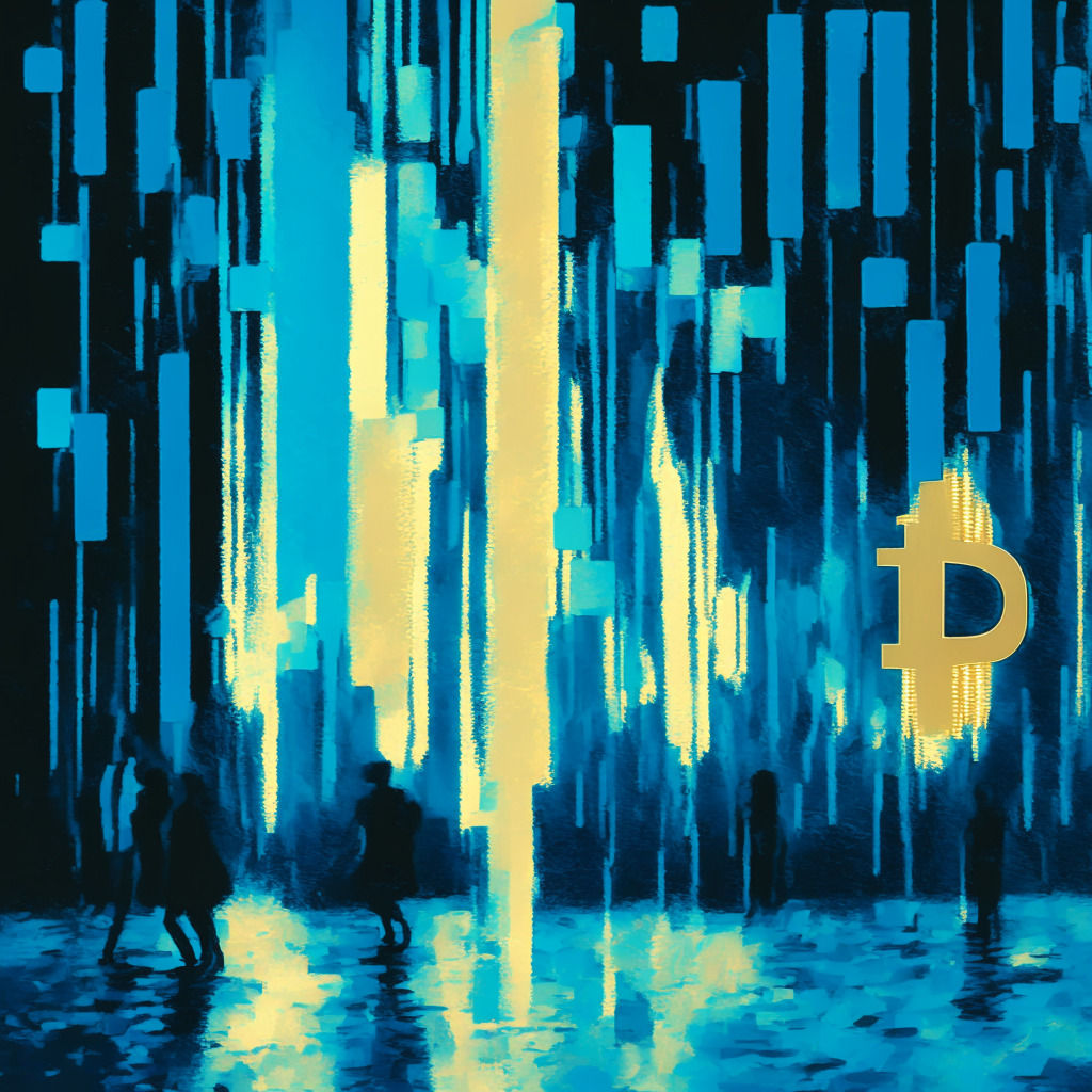 An abstract scene of fluctuating bitcoin graphs against a backdrop of a dimly lit stock market floor, painted in the Impressionistic style. The figures should appear lost in thought amidst the ambiguity of the situation. Include Stellar's bright symbol rising, indicating an uplift. Use muted colors and fine brush strokes primarily in shades of cold blue to depict disappointment and market uncertainty.