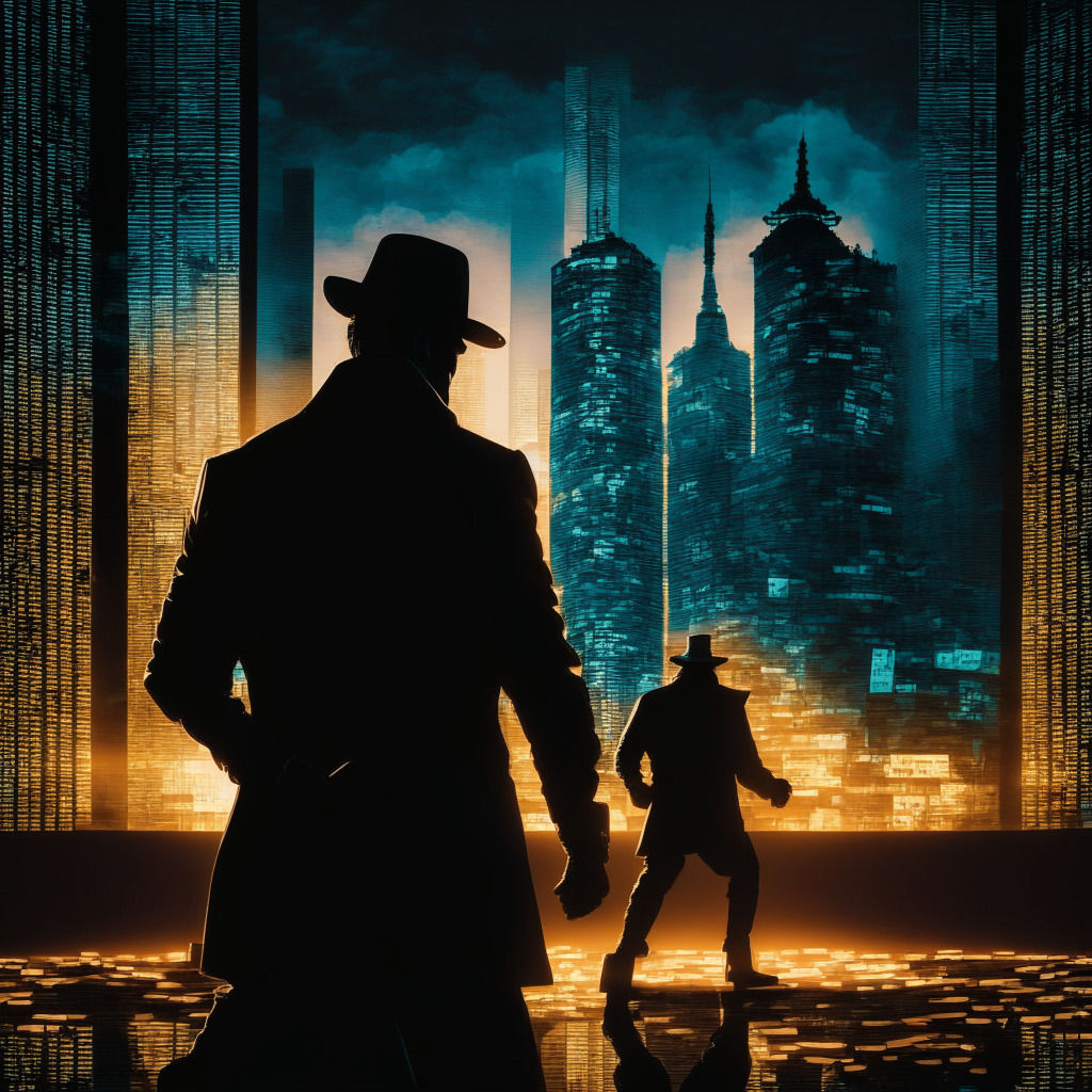 A dramatic, neo-noir styled image of a cyber thief stealthily making off with massive amounts of cryptocurrency, with the silhouette of the infamous $41M Stake Casino in the background. The picture should encapsulate the tension of the heist, with dark hues and chilling unreachable shadows, showing the chaos of the crypto world. The scene is to be lit with the cold glow of computer screens, creating shifty light effects. The mood is eerie, unsettling and metaphorically illustrates the vastness of impending crypto losses.