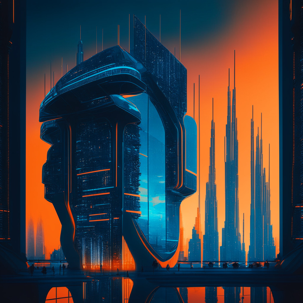 A futuristic cityscape at dusk, portraying the dual relationship between AI innovation and regulation. Tinted in cool blues and warm oranges, showcasing a balance. The city is filled with AI-inspired architecture yet bound by tight safety nets, hinting at tension. A central large glass building resembles a regulatory entity scrutinizing the city through magnifying lens, displaying a mood of vigilance and caution.