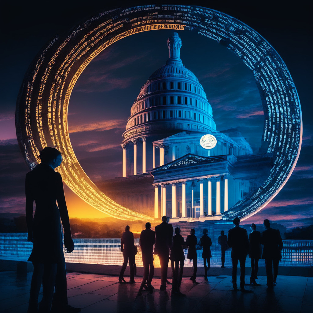 An impactful scene of the symbolic crypto sphere forging its pathway into the heart of Washington, D.C's political landscapes, contrasted with vivid aesthetics, Dusk lighting setting the mood of impending change. Depict future-thinking 2024 presidential candidates contemplating the enormous digital coin that represents the growing cryptocurrency community and their potential influence over political processes and decisions, while showing citizens' concerns for their privacy. Cast a soft, warm glow to illuminate the cryptic crossroads between political discourse and digital finance, capturing the balance of power and apprehension in a transformative era.