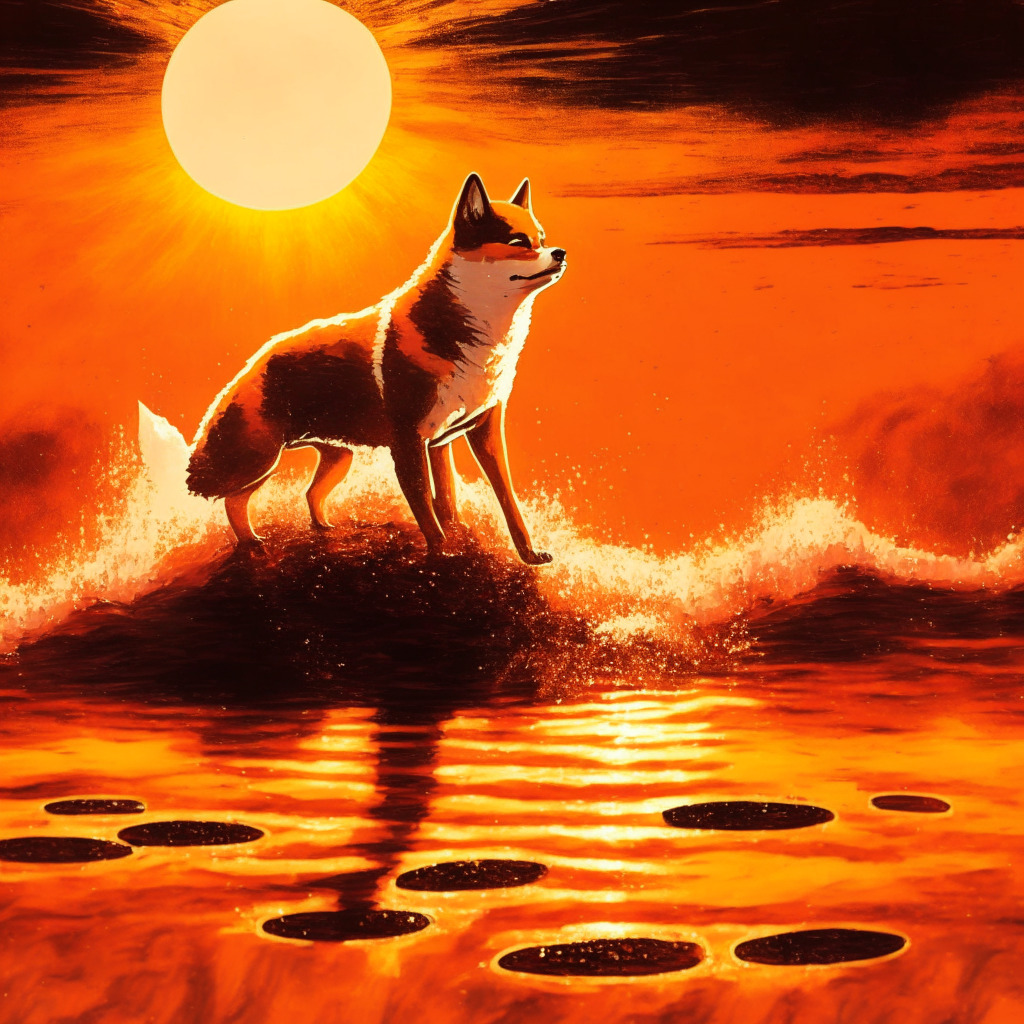 Abstract representation of Shiba Inu coin sinking in reddish-brown water, portraying market decline. Sun setting in the background, casting orange hues for a somber mood. Emerging competitor, Meme Kombat token, shining brightly, riding on a swell. Neo-expressionist painting style, dramatic lighting effects to accentuate mood swings.
