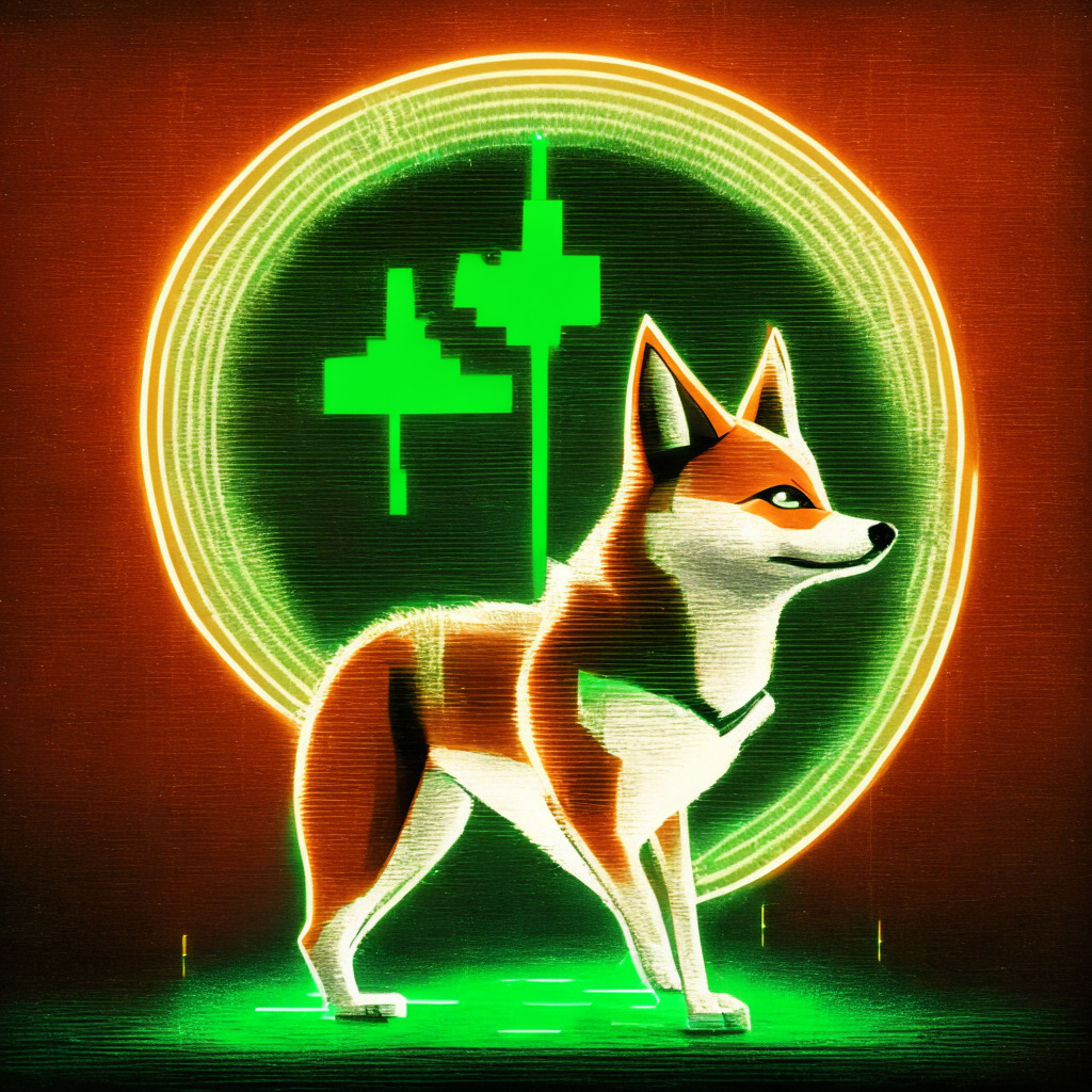 Astylized representation of a Shiba Inu dog standing near an ascending green arrow and a descending red arrow, a golden coin imprinted with the sonic wave symbol in the background. The scene capturing a mood of cautious optimism, infused with a chiaroscuro lighting effect embodying hope amidst uncertainty, accented with a digital, pixel art style.