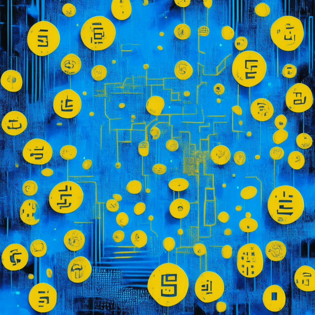 An abstract cyberspace landscape lit by soft blues and electric yellows, mirroring the dichotomy of user growth and token values in the Shibarium network. Imposing one million wallet symbols depict the milestone reached, while muted, half-formed representations of the SHIB, BONE, and LEASH tokens signify the tepid performance. The image conveys a cautious optimism, highlighting the paradox and potential with contrasting shadows.
