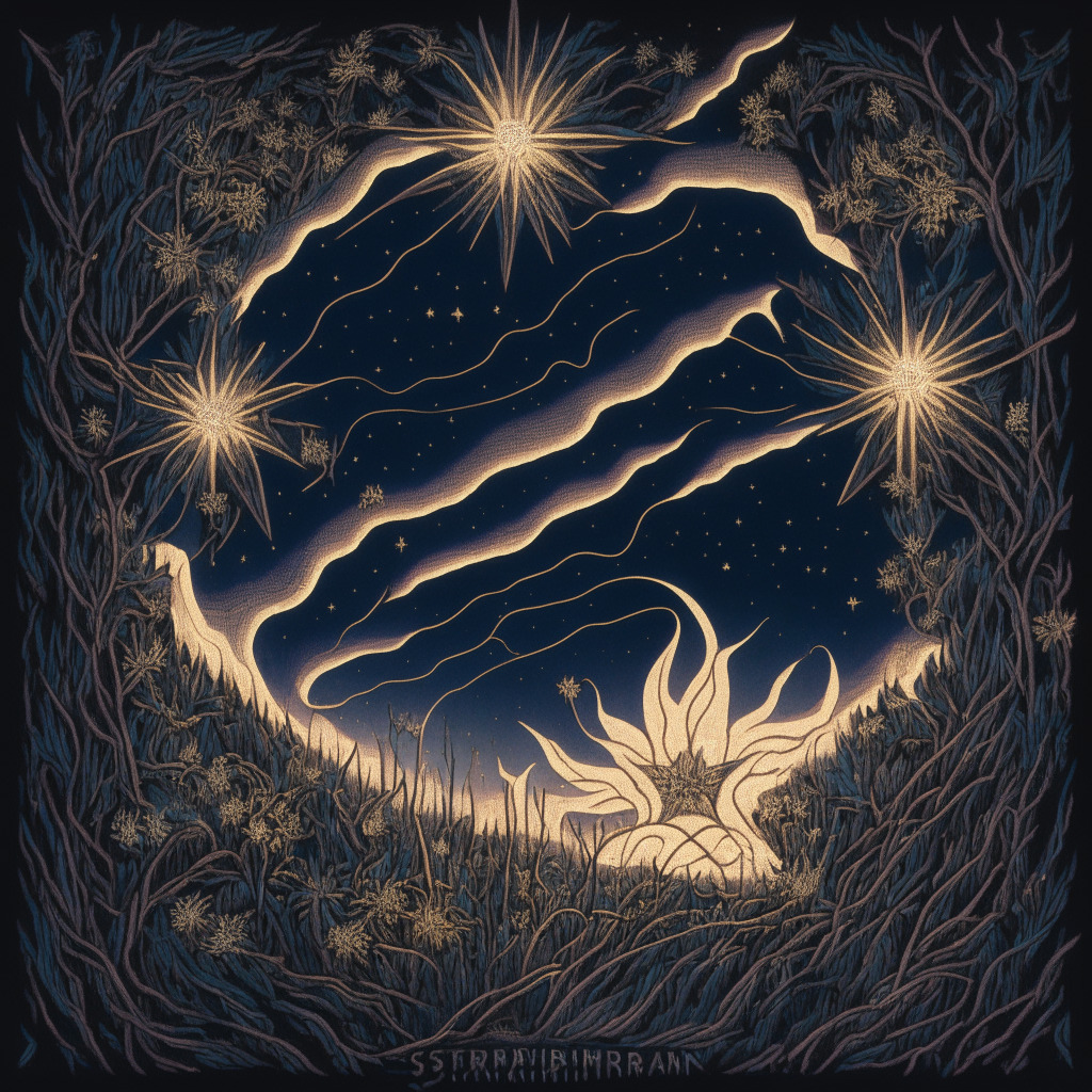 An intricate, metaphoric representation of Shibarium's rising popularity, symbolized by a blazing star in the night sky rapidly expanding to one million points of light, belying the contrastingly calm ground below representing the still, underwhelming TVL. All rendered in a surreal, modern take on Art Nouveau style. The scene set at twilight, evoking a mood of suspense and anticipation. A clash of colours, where cold hues of blue signify the yet unaffected token prices, and the warm burst of the supernova represents the explosive wallet growth.