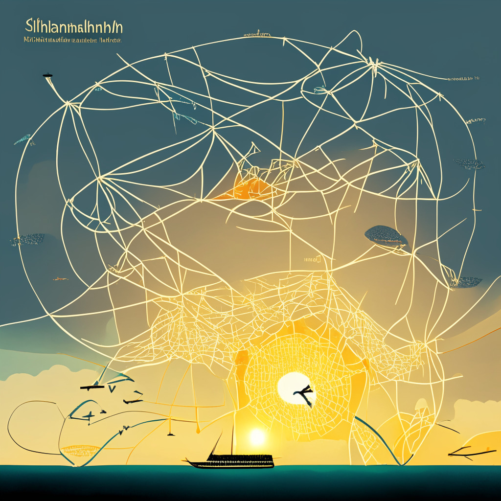 Abstract concept network portraying Shibarium's robust activity, with nodes linking to represent over 700,000 transactions. Mood is one of resilience and tenacity post problematic launch, with a subtle sunrise in the background symbolizing growth and optimism. Tokens depicted flying express dynamic trades, borrowing, and lending. A distant whale subtly alludes to major token movements, while a slight downward arrow communicates a minor downturn.
