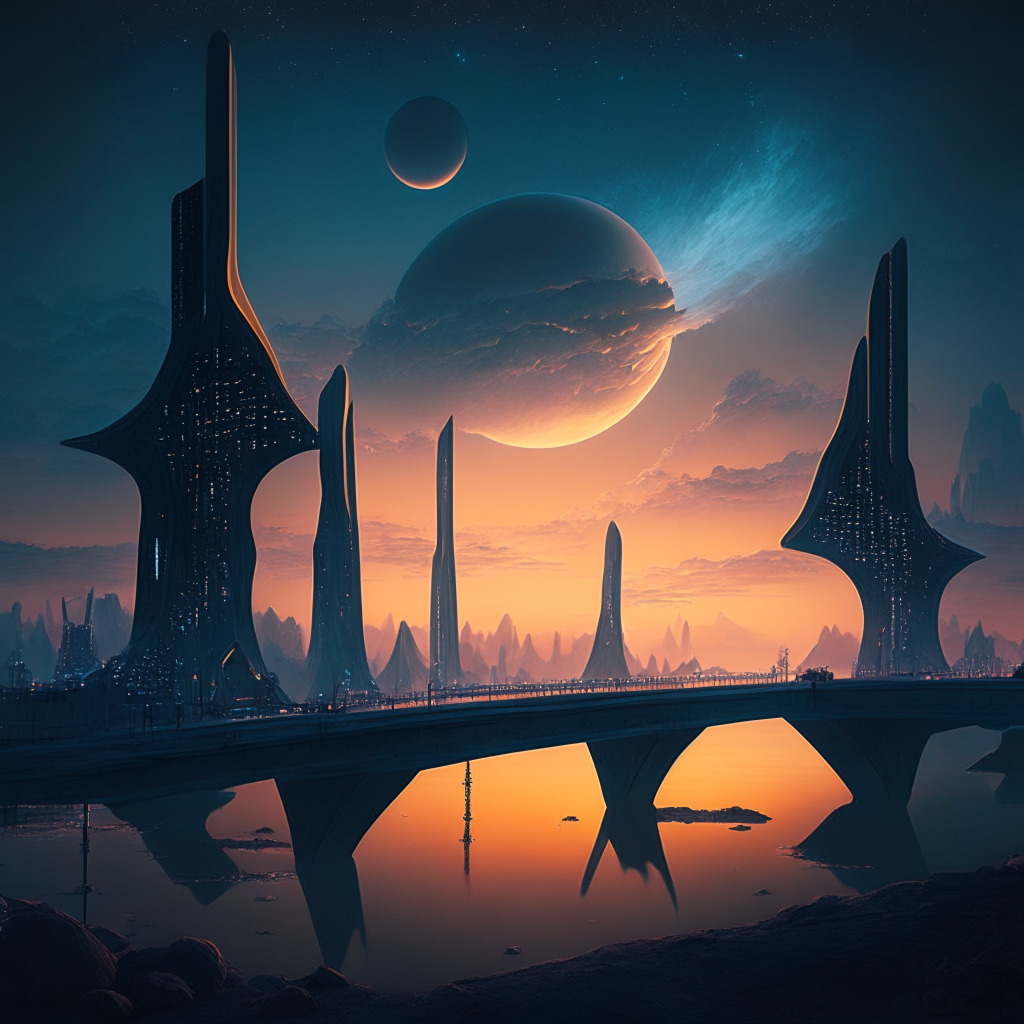 Surrealistic digital landscape under a twilight sky, showing the metaphorical shift from the use of two older toolkits (visualized as ancient, glowing artifacts) to the new MetaMask toolkits (depicted as a futuristic cityscape in the horizon). The transition phase is symbolically represented by a bridge connecting the ancient to the futuristic. Mood is optimistic and full of anticipation for a new era in Ethereum development.