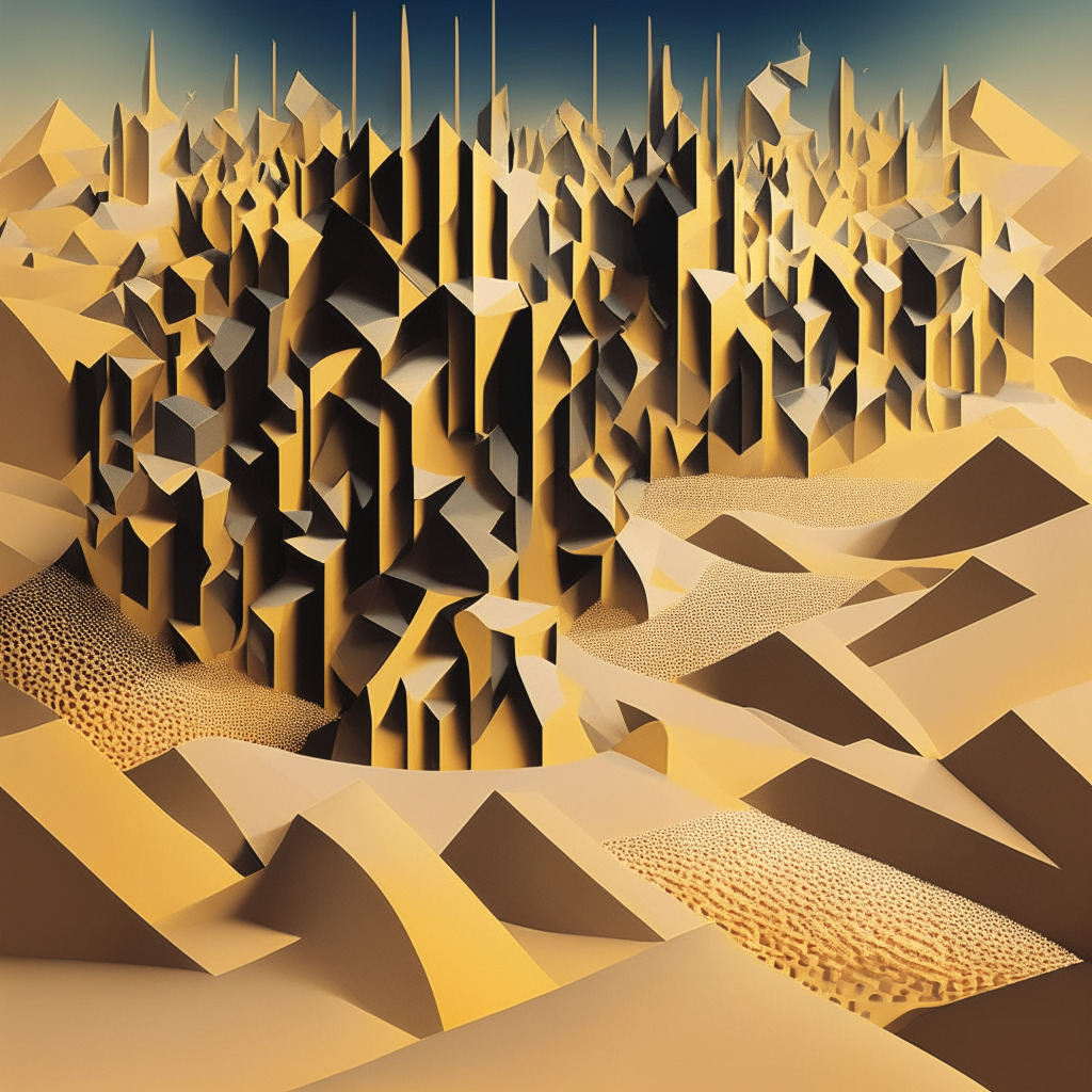 An abstract representation of the shifting nature of cryptocurrency regulations in Europe. Picture towering, metaphorical sand dunes symbolizing the evolving crypto landscape, deep metallic trenches representing exchange platforms, and golden hour lighting rendering an atmosphere of caution and uncertainty. All rendered in a cubist style, conveying a sense of fragmentation and reassembly, to reflect the turbulent mood of cryptocurrency fin-tech.