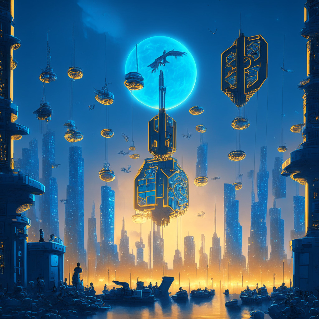A futuristic city bathed in soft blue twilight, symbolizing Bitcoin's rise in the NFT scene. At the city's center, a massive Ethereum coin is being lifted by cranes and transformed into a vibrant, golden Bitcoin. Hovering around are numerous Monkey-like figures, representing 10,000 transferred NFTs, each holding a glowing Ethereum and Bitcoin coin. On a wide electronic billboard, intricate symbolic charts fluctuate, illustrating the shifting dynamics in cryptocurrency transactions and hinting the possible future trend. The mood is mysterious and anticipatory, with a Rembrandt-like chiaroscuro lighting casting dramatic shadows and highlights.