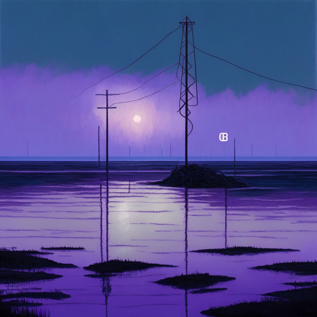 A minimalist digitally painted scene at twilight, with soft hues of purples and blues. It features a giant, slightly dimmed, Bitcoin symbol hanging precariously over a body of water, caught in the tides, representing the unpredictable cryptocurrency market. Power lines are silenced and lie submerged in the water, symbolic of the halted Texas mining operations. Along the horizon, an ascending sun is illustrating blockchain technology advancements, with a symbolic chain rising out of the water. The scene is evocative of calm yet uncertain anticipation, reflective of the current crypto market situation.