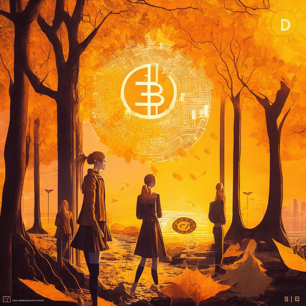 A contemporary scene at the dawn of transformation, Gen Z and millennial investors immersed in a digital realm of cryptocurrency. The imagery is infused with a sense of intrigue, merging traditional finance with digitized assets like bitcoin, Ethereum. An autumnal light setting that symbolizes change, with vibrant hues of orange, brown, and yellow. Futuristic, yet approachable, presenting a new era of investment, a delicate balance of risk and innovation.