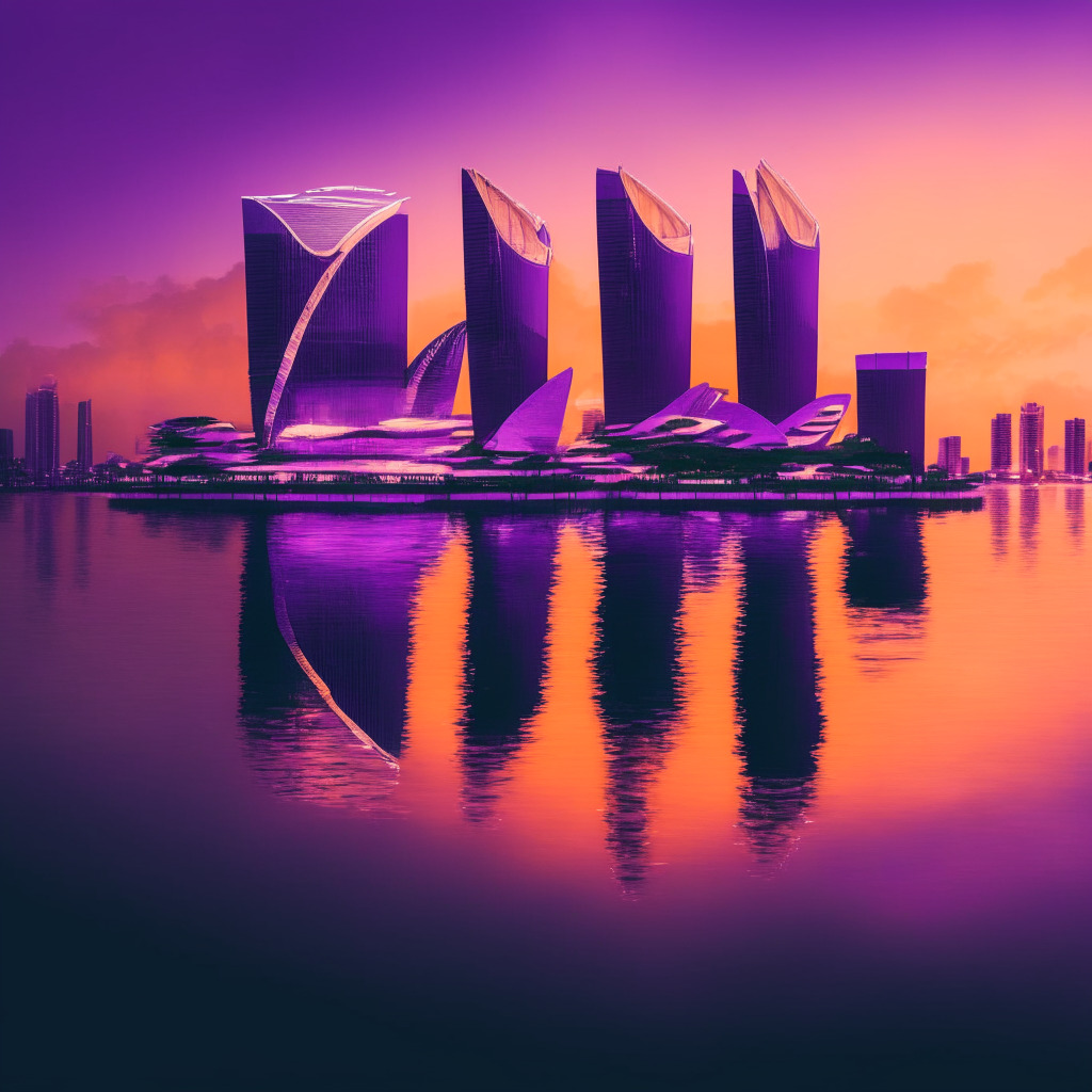 A view of Marina Bay, Singapore in an evening light setting, with hues of orange and purple shading the sky. Reflecting in the water is a subtly visible blockchain symbol, hinting at the city-state's pivotal role in cryptocurrency regulation. The style should echo that of a futuristic cityscape painting, giving undertones of both promise and uncertainty. The mood is that of anticipation, a feeling of waiting and watching.