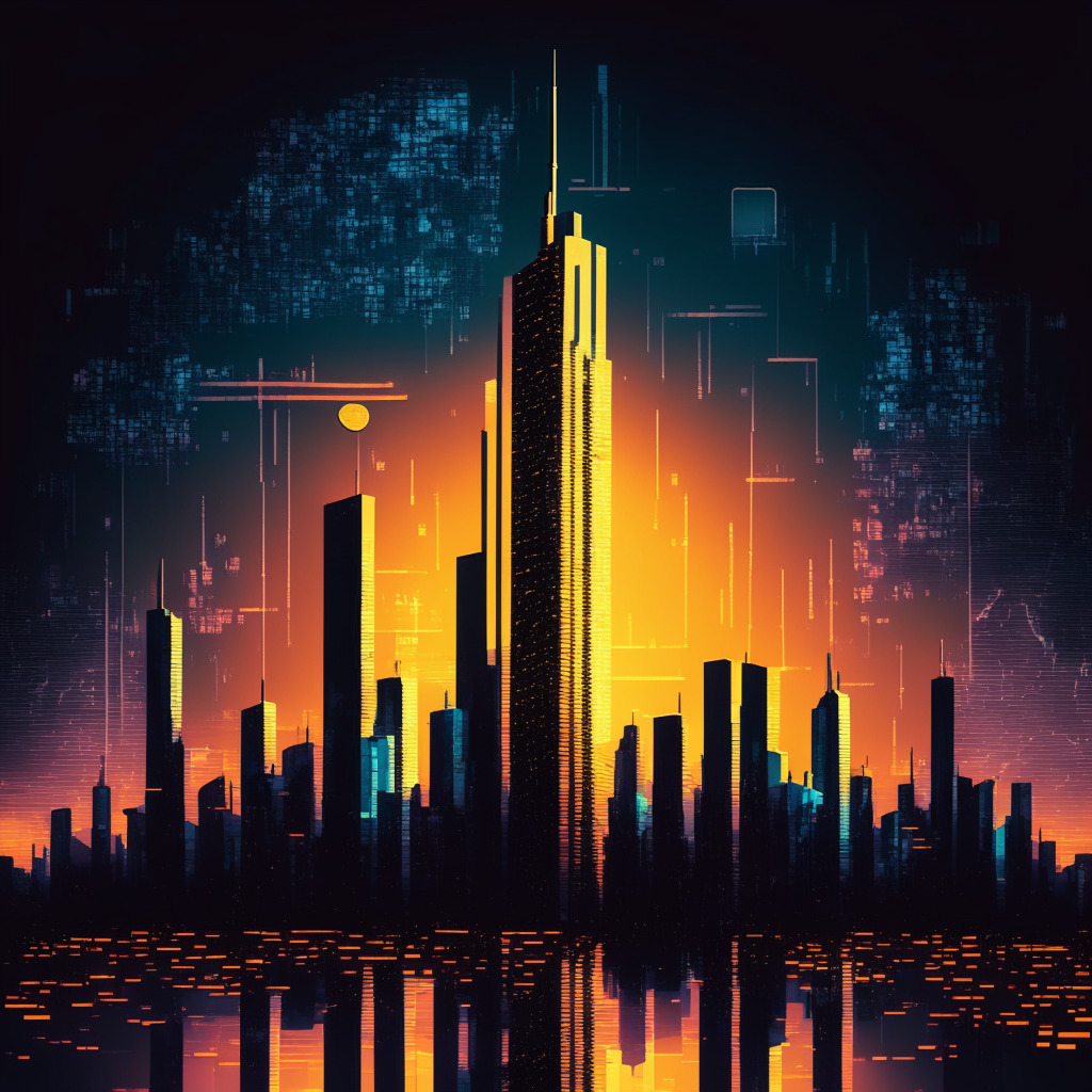A towering skyscraper made of Bitcoin and Ethereum coins reflecting the setting sun, futuristic skyline of a digital city teeming with vibrant neon lights, embossed with a graph indicating high interest rates in the gloomy darkening sky, Semi Abstract Expressionist style, invoking a mood of unease and anticipation.