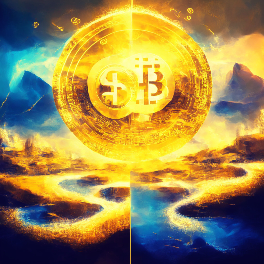 An abstract impressionistic image of the dual nature of a rapidly rising altcoin market. Two distinct sectors represent the COMP token's strategic ascent and TG.Casino's promising potential, bathed in the gold light of victory and prosperity. The setting is a dynamic, flowing landscape of digital charts and metaphoric elements that evoke the shifting momentum in cryptocurrency investment. Artistic cues highlighting the breakthrough - vibrant green for growth, electric blue indicating surge, and a glowing horizon/metaphoric 'rising sun' depicting a hopeful future. Mood is a mix of positive anticipation, intense focus, and exhilarating liberation.