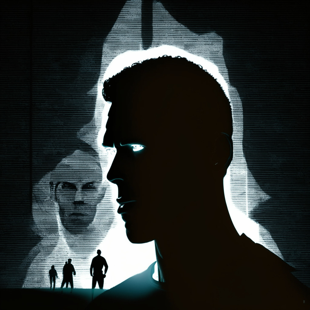 A vivid depiction of soccer legend Cristiano Ronaldo connected to a lie detector, announcing his NFT plans under a spotlight, illuminated with ambition. The background should reveal faint silhouettes of eager tech and sports fans, contrasting with an ominous image of a Pyramid scheme in the shadows, symbolizing controversy. The mood should balance hope, excitement, and caution, using a chiaroscuro style.