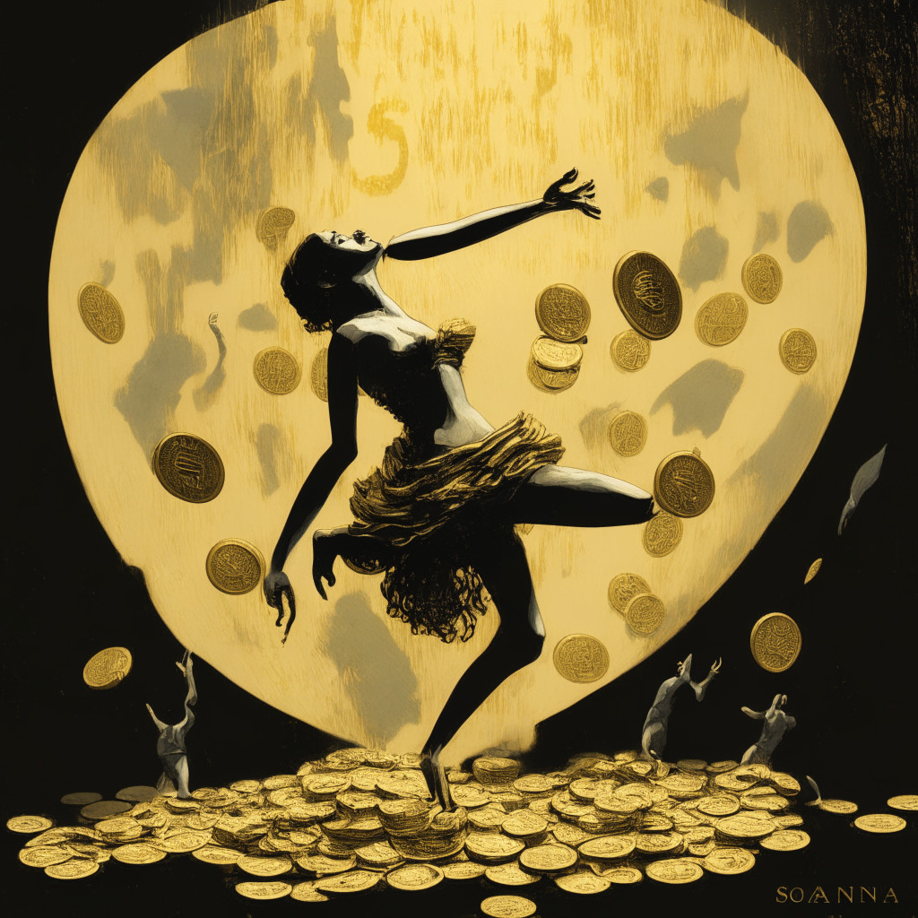 Depiction of a precarious balancing act representing the Solana saga, rendered in an expressionistic style, and set against a backdrop of falling gold coins and Solana tokens. The image is cast in a dramatic light with deep shadows, symbolizing the volatility of the crypto market. The mood is tense and anticipatory, hinting at the risk and potential rewards.