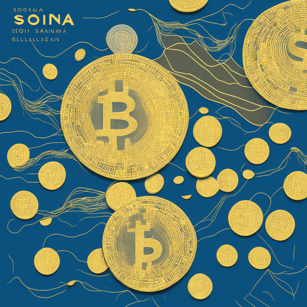 A stand-out altcoin, Solana, in a shifting digital art style, represents the sudden allure in the volatile world of cryptocurrency. Depicted with bright, optimistic golds and blues for consecutive inflows, contrasted with an overlay of a flat-lined price trend in stagnant beige, grey tones. Background is an array of exiting coins, representing broad outflows from other crypto products.