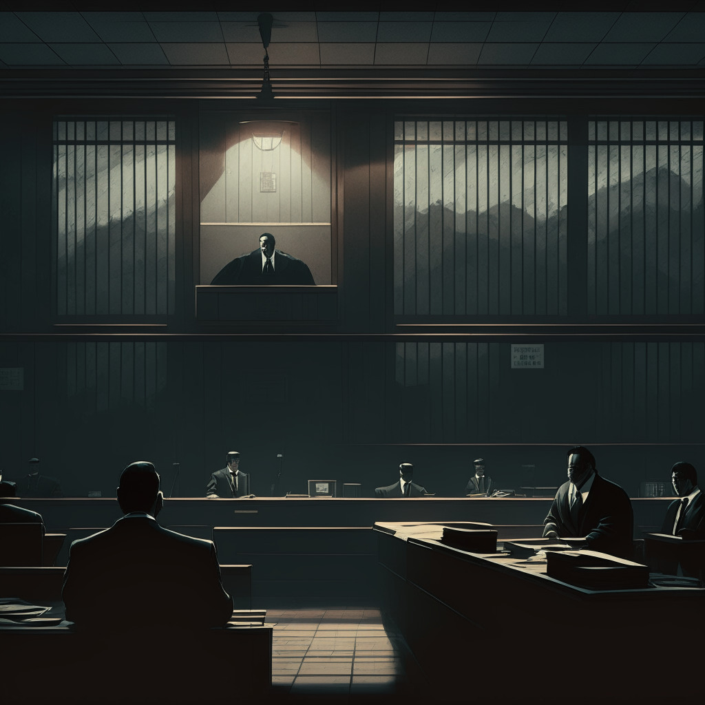 Twilight scene courtroom in South Korea, in realism style, a somber mood engulfs the room. A disgraced executive, three accomplices behind bars, reflect a tainted cryptocurrency exchange. Vintage scales of justice, tilted, hinting at institutional corruption. Contrast, incessant lights from a digital board underscore market volatility amidst looming shadows.
