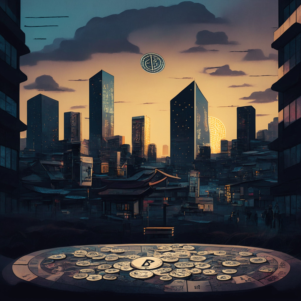 Korean urban scene under a cryptic twilight sky, with symbolic elements of coins and a roulette, hinting at the blurry line between cryptocurrency and gambling. Contrast of playful and serious elements hinting at diverse investing motivations. Aura of skepticism and doubt, punctuated by an optimistic thread of a rising graph, representing hope.