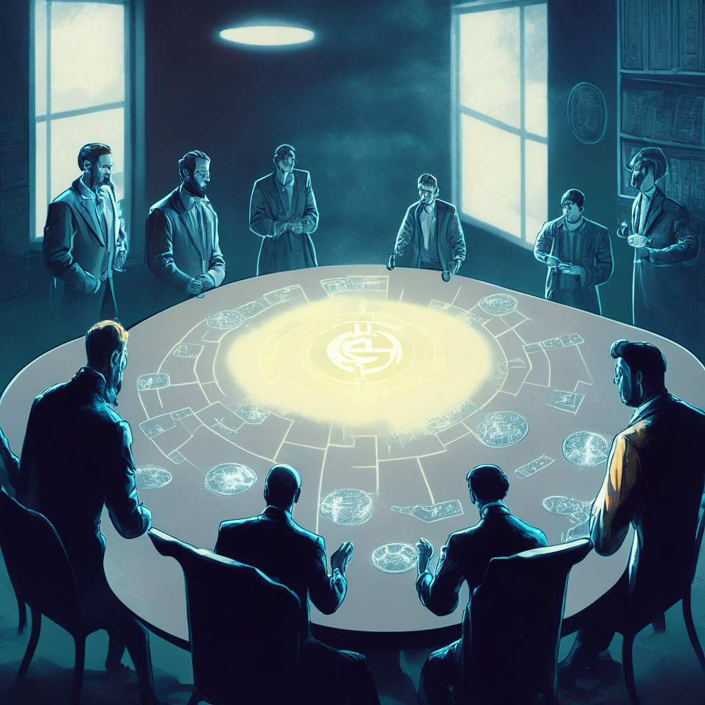 A scene representing the discussion of spot Ethereum ETFs. The mood is serious, showcasing a stern set of bureaucrats standing around a round table, examining a holographic Ethereum coin. The scene is cast in harsh, cold light of authority, representing SEC, while softly diffused patches of warm light symbolize possibilities. The style is semi-realistic, expressing uncertainty & speculation.