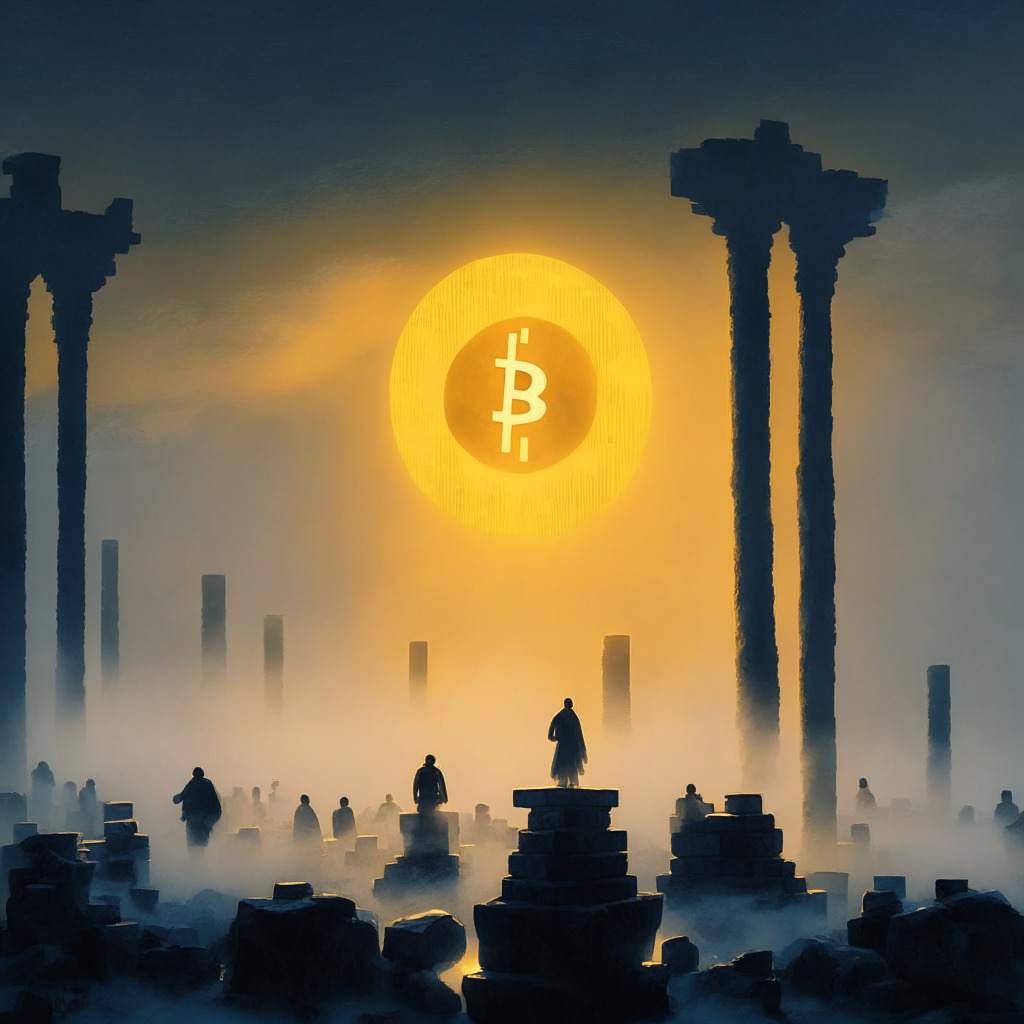 A landscape of a stable yet tense crypto market at dusk with shades of yellows and dark blues. A static bitcoin and ether symbol carved on marble pillars, surrounded by mist. Tiny lights portray an upward-moving capitalization amidst a lukewarm atmosphere. A fallen Toncoin symbol on the horizon against a setting sun. Traders with sharp gazes observing from afar, indicating anticipation. In the distant sky, ominous bank buildings loom, representing bearish threats.