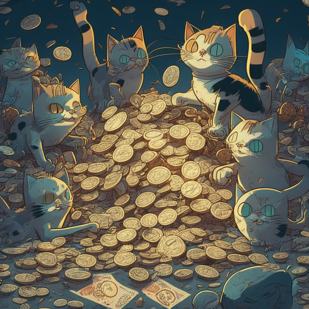 A whimsical depiction of rebellious cartoon cats, expressed in a vivid comic-book art style, gathered around a mound of crushed cryptocurrency coins. Their eyes gleam in the hazy, twilight atmosphere, with barren, 'under investigation' signs scattered behind. The mood is adventurous yet slightly enigmatic, with an ironic twist of positive financial upheaval.
