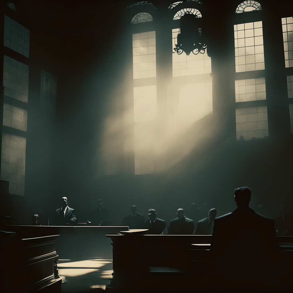 Dramatic courtroom scene, co-founder at the stand bathed in dimmed, cold natural light, shadows casting intrigue. Gothic inspired style to emphasize conflict, tension with glimpse of Ethereum symbol subtly incorporated, highlight suggestion of undisclosed hacking victims and 'classified materials'. Mood of impending storm, swirling anxiety, legal papers scattered.