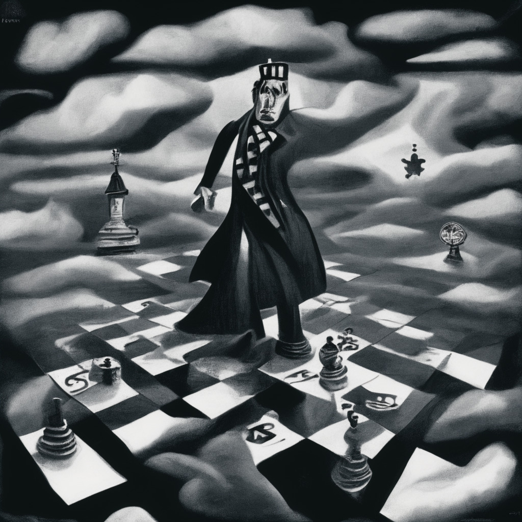 Australia's political chessboard under stormy clouds, opposing figures locked in an unseen tussle, depicted in noir and expressionist style. A government character, arm outstretched with a cautiously held crypto coin symbolizing regulatory uncertainty, opposition figure stone-faced in despair under a grand clock reading 2023, capturing the mood of delay, doubt and hope.