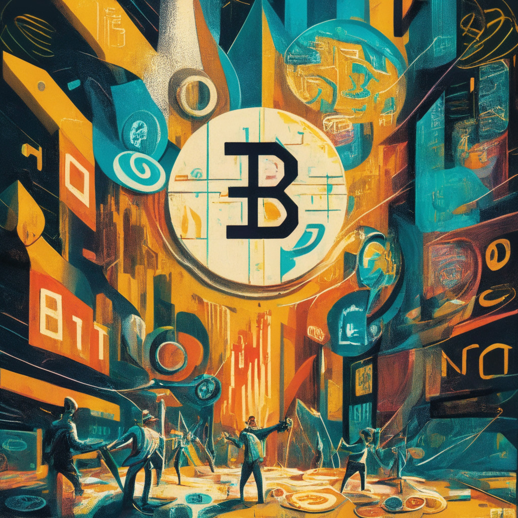 An intricately depicted digital cryptocurrency market scene painted in a modern abstract style. The setting is dynamic and vibrant. In the foreground, a small coin labelled 'EMOTI', with a bold, energetic 'UP' arrow, grows larger and brighter, showing its dramatic rise. On the side, a charismatic, youthful coin with 'Wall Street Memes' inscription awaits its turn to take center stage, surrounded by an enthusiastic crowd, hinting at unseen potential. Light glows from the hovering coins, casting a golden aura that bathes the entire scene. Yet, a shadow of uncertainty lingers at the edges, symbolizing risks and market volatility. Mood is a mix of excitement and anticipation but underscored by caution.