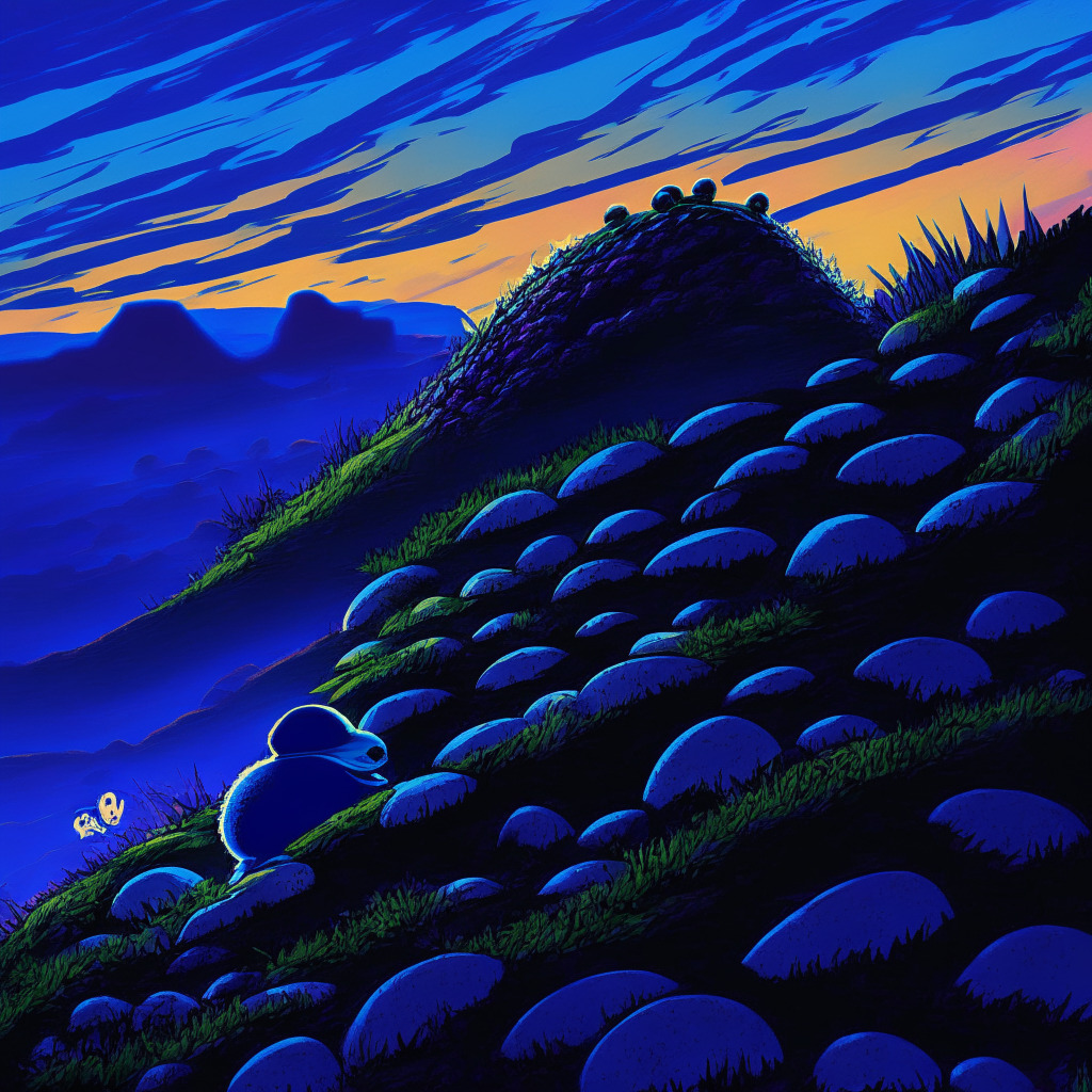 Abstract crypto market landscape at dusk, a tubby frog (PEPE) climbing a bumpy hill but stumbling, indicating a struggle. In contrast, a shiny blue hedgehog (SONIK) racing atop a separate hill, appearing victorious. Use of vibrant colors for optimism, darker shades to show a volatile environment. Chiaroscuro lighting technique reflecting the uncertain mood.