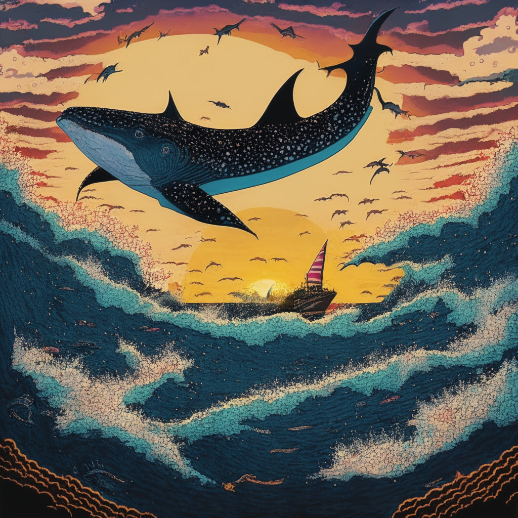 Sunset over a vibrant digital ocean, highlighting a majestic knight riding a whale shark, symbolizing a surprising rise in popularity. Danger lurks beneath dark waters, reflecting potential scams. A parallel universe reveals a hulking whale, scattering ethereal coins into the ether, indicative of a mysterious large-scale investment. Artistic style: Japanese ukiyo-e with a blend of modern cyberpunk feel, highlighting the fusion of the traditional and contemporary world of crypto.