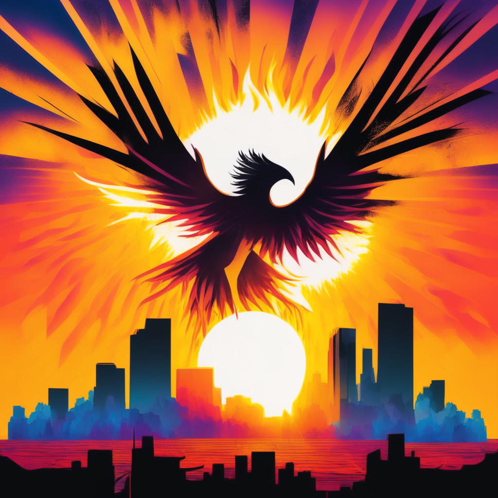 A phoenix rising from ashes, symbolic of cryptocurrency Aptos recovering, against a backdrop of a vibrant crypto market skyline, imbued with hues of optimism. An abstract roller coaster represents the dramatic price fluctuations. The setting sun casts warm, hopeful light, reflecting Aptos' potential increase. Separate, a silhouette of a sushi indicates the SushiSwap integration, its first step towards revival.