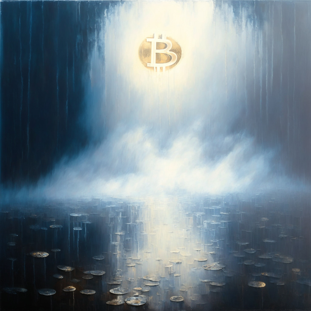An intricately detailed, impressionist-style painting on a large canvas. The mood is tense and anticipatory, with an air of mystery. Dynamic light setting, with shimmering dappled light, imitates the fluctuations of the crypto market. Centre is a massive metallic Bitcoin, half-submerged in misty haze signifying uncertainty. In the shadowy background, smaller new coins, like the emerging EMOTI, YAMA, and BOOST emerge. On the border of the scene, invisible figures, symbolising potential investors, eye the landscape.