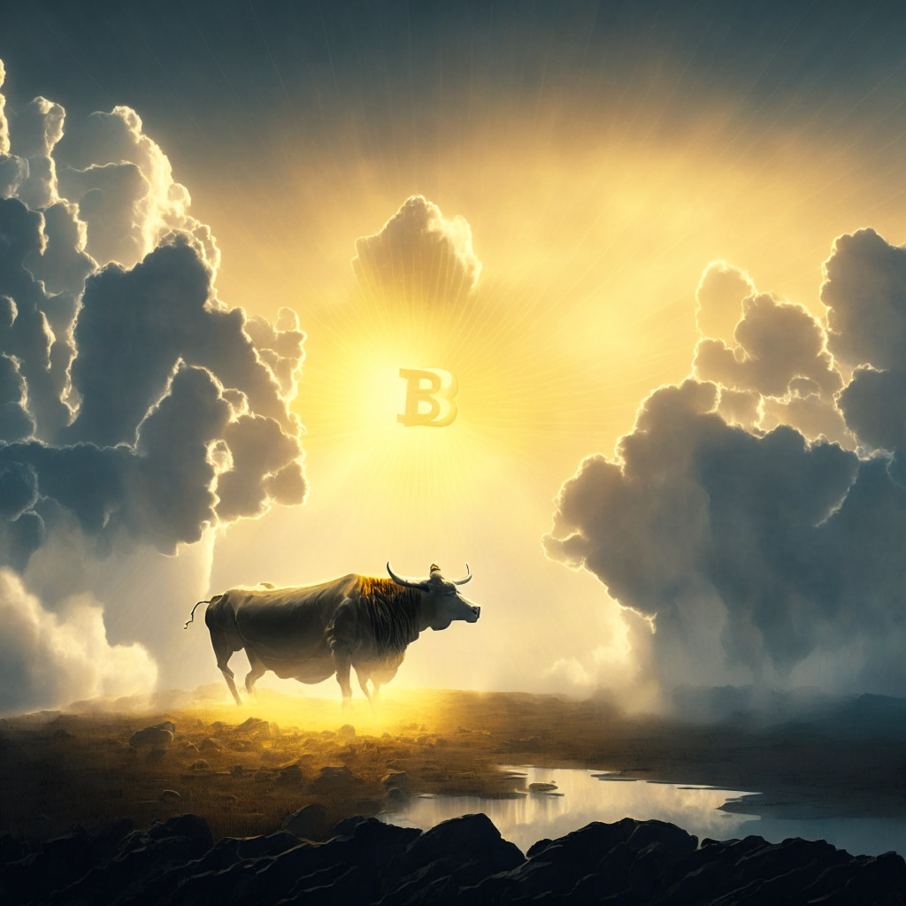 Dramatic skyscape showing the crypto landscape at dawn, in the style of Renaissance art. A bull stands on the horizon illuminated by a golden beam of light, representing Solana's potential surge. The surrounding mists represent market pessimism. A small silver lining cuts through the clouds, hinting at an upcoming recovery. In the foreground, Bitcoin BSC presale tokens cascade like a waterfall, creating ripples in the otherwise still puddle of potential altcoins, hinting at possible short-term gains in stark contrast to the bullish Solana. The lighting creates a dichotomous ambiance of cautious optimism and looming uncertainty.
