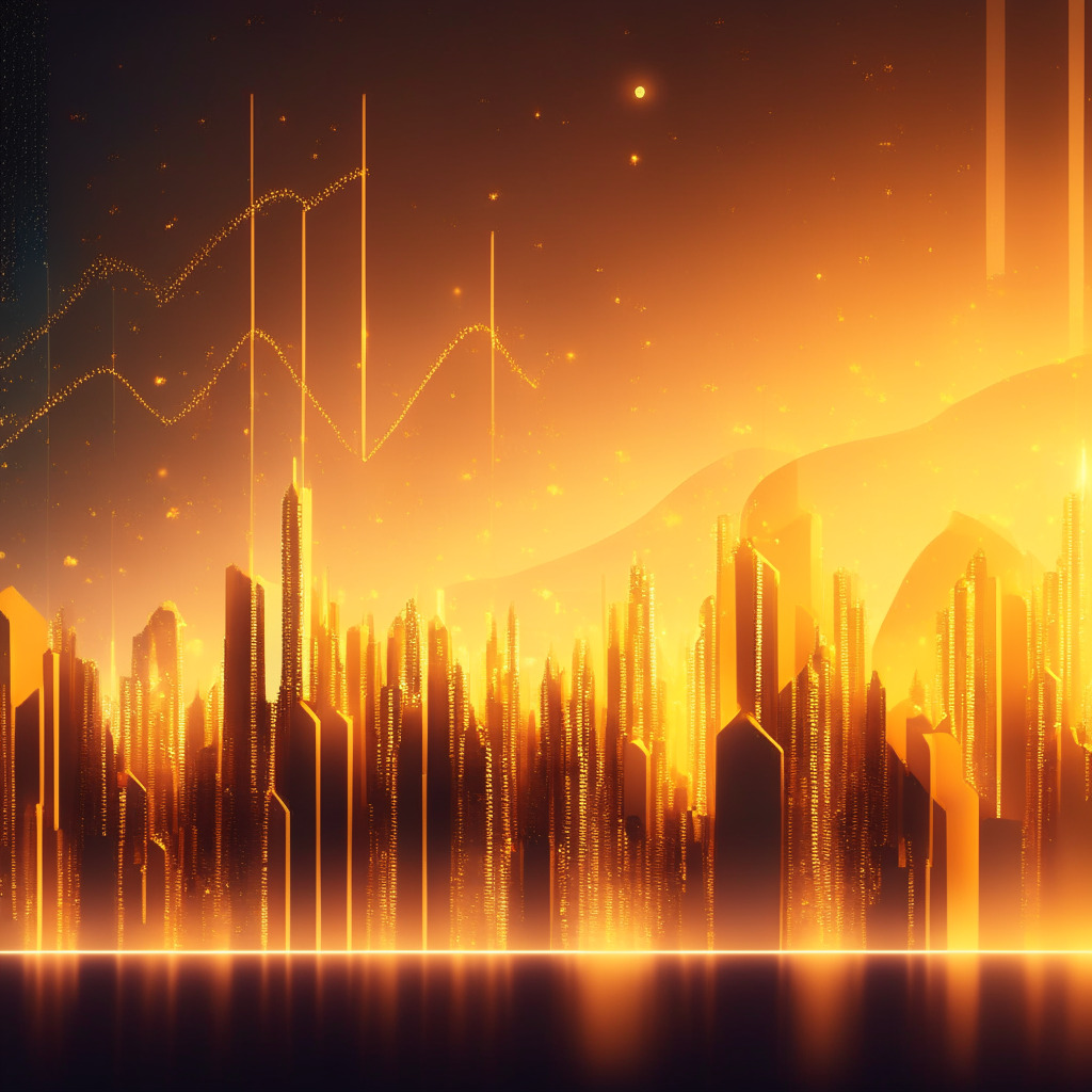 A futuristic financial landscape overlaid with a rising graph symbolizing the unexpected growth of Base. The DeFi sector depicted as a vibrant metropolis gleaming with golden hues, overwhelming a smaller city (Solana), softly illuminated in gentle pastels. The mood is one of subtle triumph, under a starry dusk sky suggesting potential volatility.