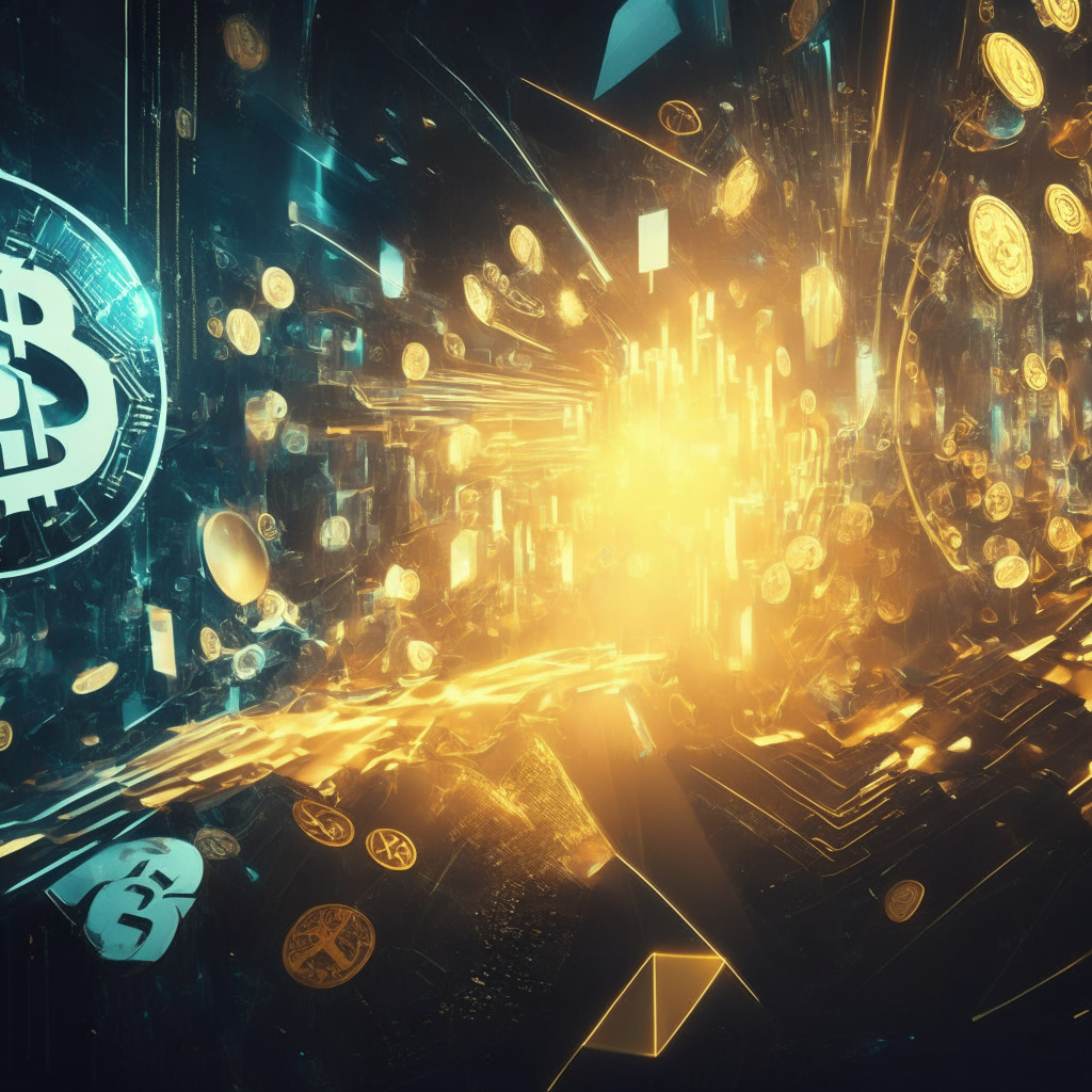 A bustling futuristic financial market, sparkling symbols of multiple cryptocurrencies like Bitcoin, Ether, XRP, SOL, TRX and Dogecoin markedly rising, emulating a contemporary abstract aesthetic. Setting light to convey the intense market turbulence: sharp contrasts, play of shadows and dramatic highlights. Mood: exhilarating but risky.