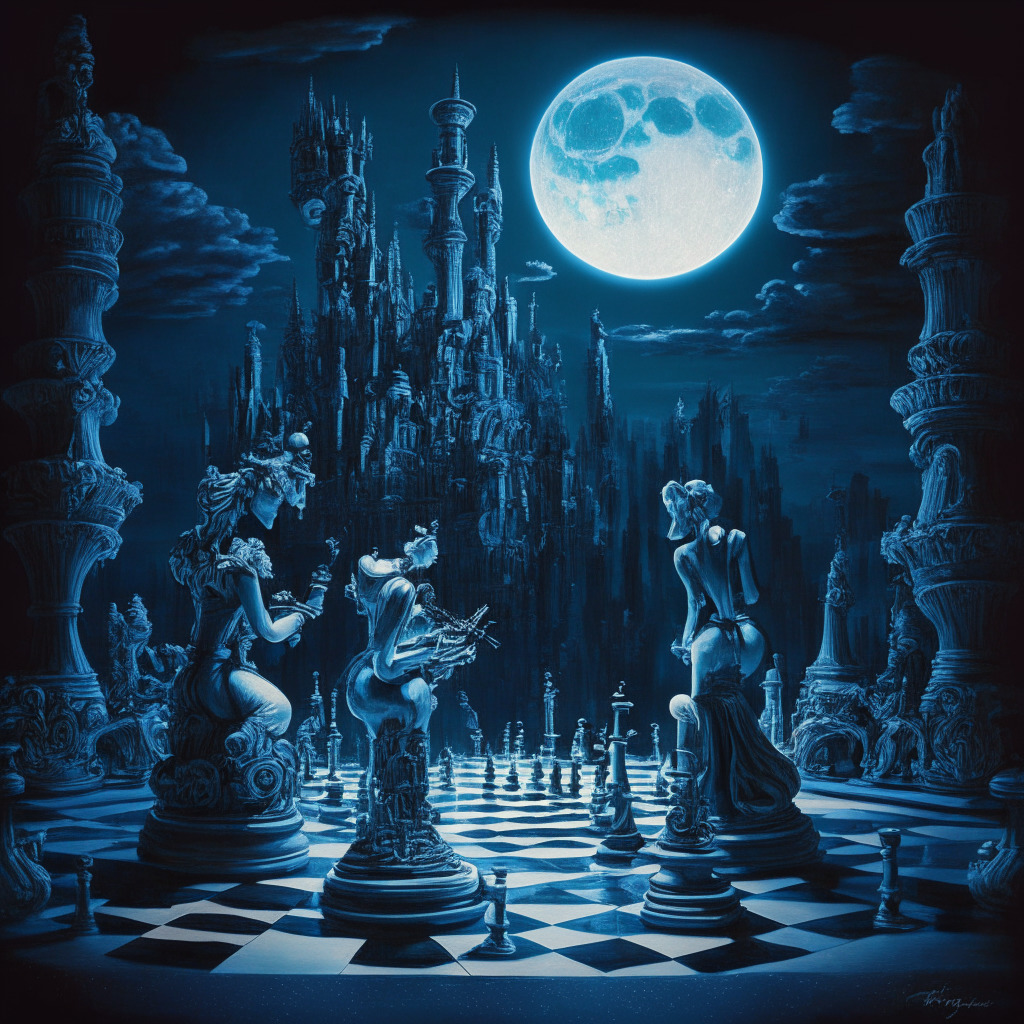 An intricate moonlit scene of monumental victorian figurines, symbolic of the Coinbase Base network and Solana, mirroring a traditional stock market exchange in surrealism style. They're engaged in an intense chess game, evoking a solemn, competitive mood, against the backdrop of a vibrant, futuristic cityscape illustrating DeFi dominance. Dim lights reflect uncertainty.