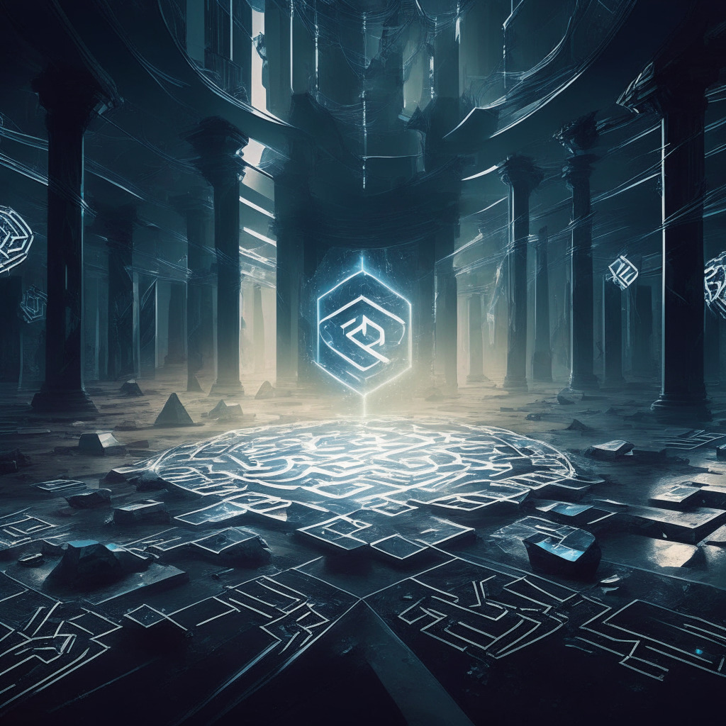 A fusion of traditional financial market and futuristic blockchain landscape, a bustling exchange floor melded with ethereal, digital Ethereum symbols. An ominous juxtaposition of light and dark, hinting at the imminent clash between old-world finance and tech disruption, encapsulating uncertainty and anticipation.