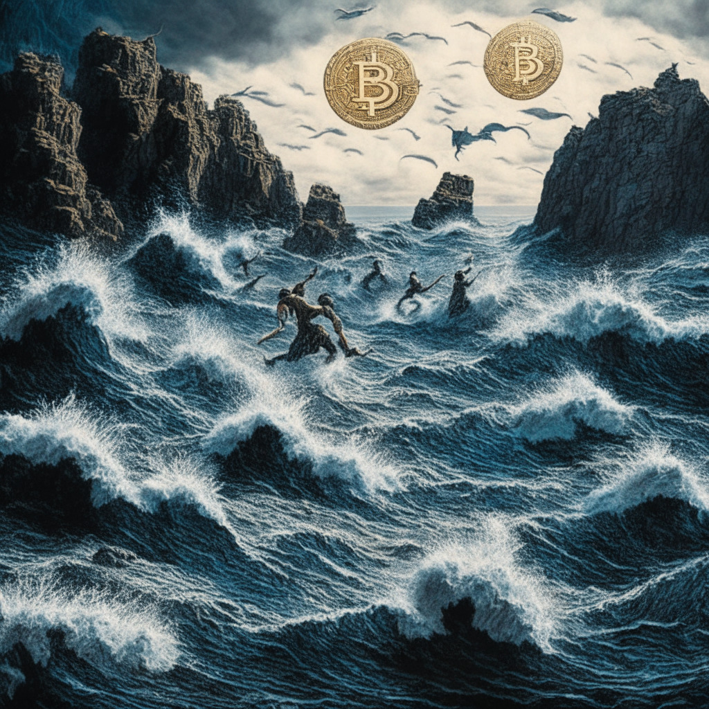 An intricate dance of crypto currencies portrayed as warriors, Bitcoin steadily navigates stormy sea on a narrow path between high cliffs, reflecting its cautious tread amidst shifting US regulations. Ethereum struggles in choppy waters, indicative of its recent decline. Other minor coins emerge from the fathomless waters, symbolizing risky-low caps. The setting evokes the feel of a dramatic, moonlit, turbulent seaside landscape, captures a tone of precariousness, painted in a Romanticist style.