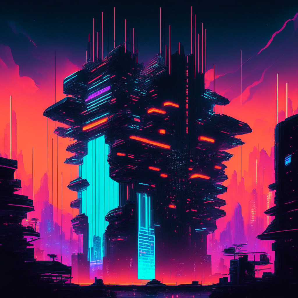 A futuristic cityscape at dusk lit by neon hues, illustrating a massive, abstract blockchain structure intertwining with a large building symbolizing Sushi, the prominent DEX. The elements sit on a layer-1 blockchain represented by Aptos, capturing an air of anticipation and uncertainty. Suggest a moment of transition as Sushi extends its services in ambient light. Art style is cyberpunk.