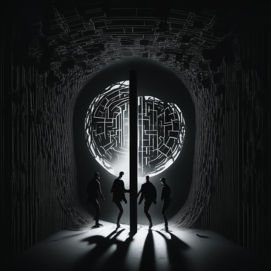 A dark, noir-style image of a digital vault door slightly ajar, shadowy figures symbolizing the mysterious movement of digital funds peering from the slice of light streaming in. The backdrop displays interwoven networks symbolizing the blockchain, the room filled with uncertainty and suspicion. Light setting amorphous, embodying the pervasive risk and security concerns in the world of cryptocurrency.