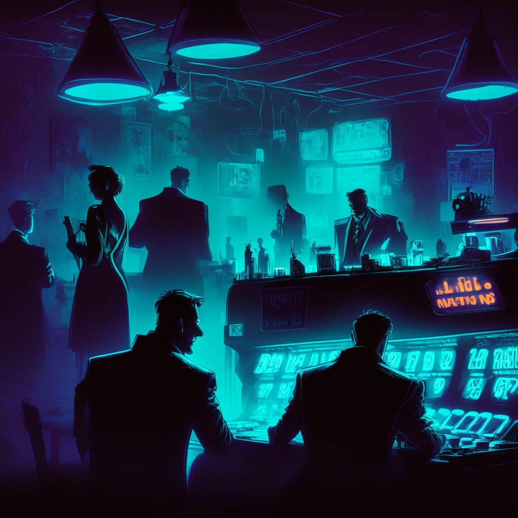 An ominous gambling den with cryptocurrency signboards, bathed in deceptive neon lights, hinting at hidden dangers within. Vague figures whispering about a potential scandal, their silhouettes contrasting against the dimly lit ambiance. Evoking elements of mystery, intrigue, and potential betrayal in a dominate noir art style. A digital ledger recording transactions in the background under a looming shadow of suspicion. Mood: mysterious, complex, and uncertain.