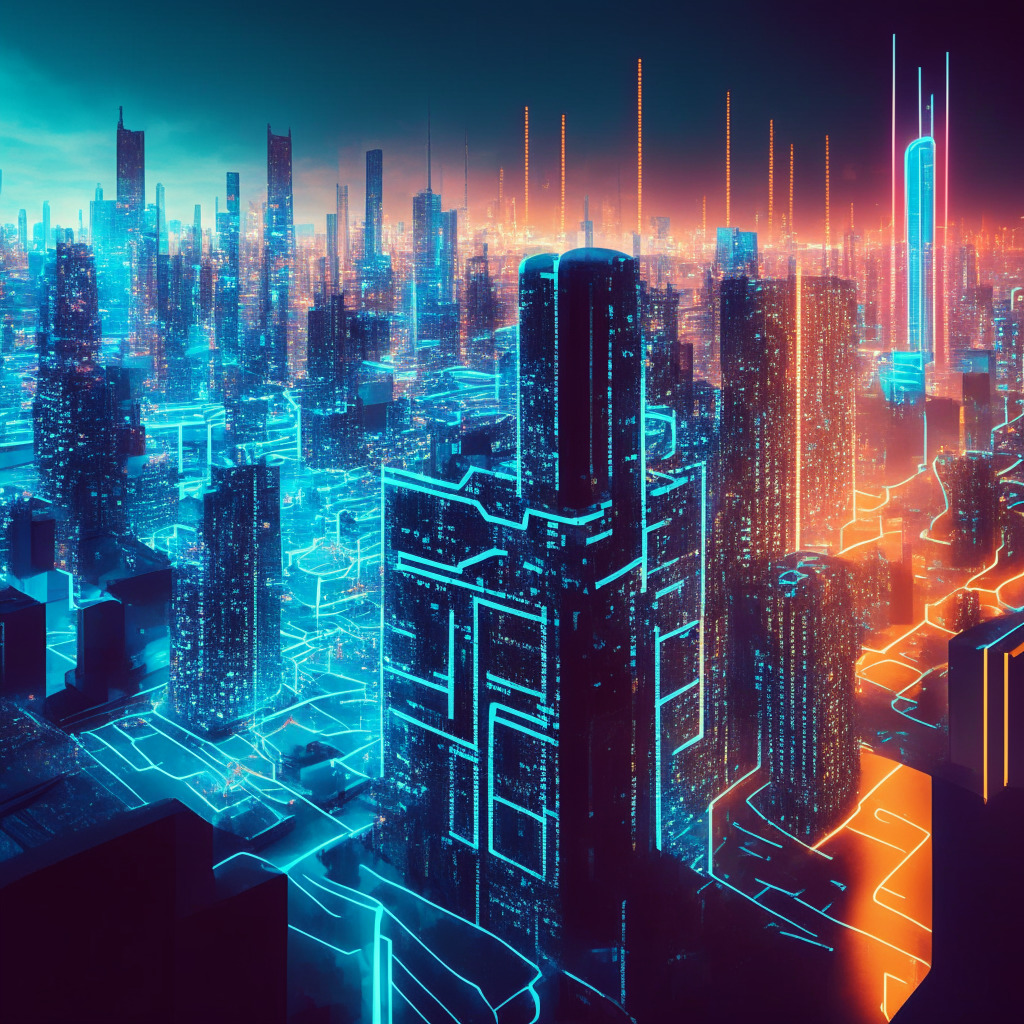 A futuristic cityscape with neon-lit blockchain networks symbolising Swift's global financial messaging network, Central banks represented as grand, modernized buildings with facades resembling world currencies, testing Swift's CBDC connector glowing with virtual traffic. The atmosphere is teeming with anticipation, highlighting interoperability between major structures. Sunlight breaking over the horizon, representing the dawning of a new era in digital currencies, the mood is both serene and invigorated.