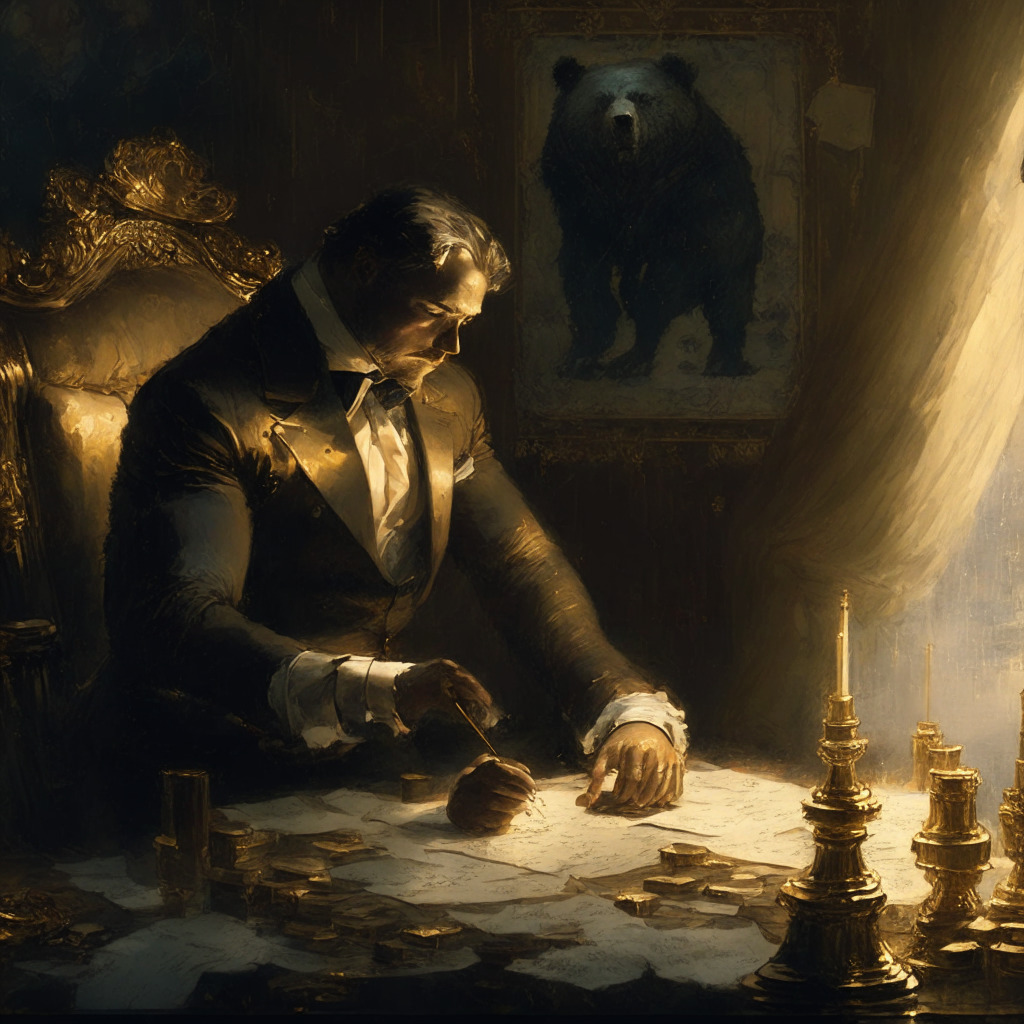 A sophisticated scene set in a vintage study illuminated by soft dusk light, with Piers Dunhill portrayed as a contemplative businessman sketching a bullish crypto chart on parchment, piles of gold and silver coins suggesting wealth, a bear looming in an ornate painting overhead, representing the current bearish cryptocurrency market, all tinted with a mysterious, moody oil-paint artstyle, highlighting the atmosphere of calculated risk-taking.