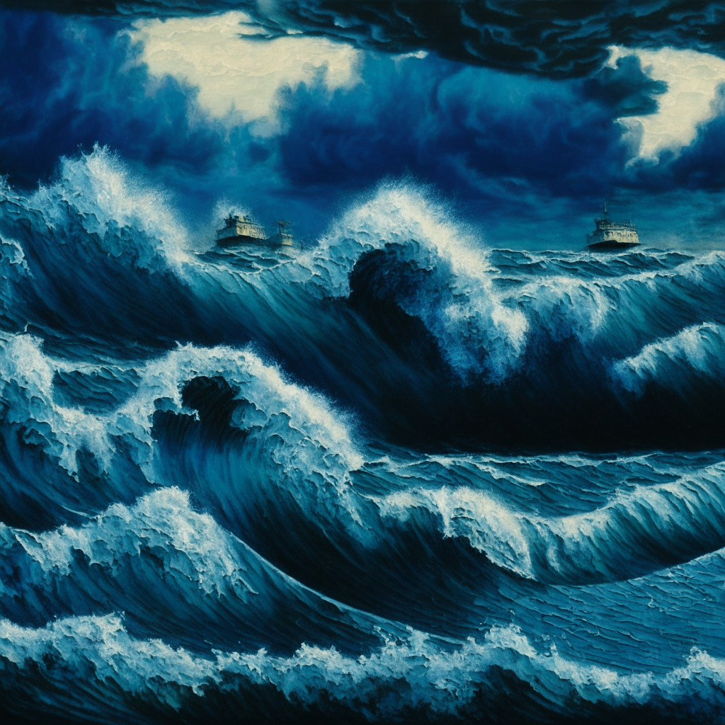 Depiction of turbulent ocean waters under a stormy sky, using an Impressionist painting style. Waves indicative of a tumultuous cryptocurrency market, rendered with jarring blues for XRP's price drops, bright streaks indicating upswings. Figures modeled after period investors eyeing the seascape, embodying an attentive, hopeful mood. Distant mainland characterized by modern Chinese architecture, shadow of Capitol Hill, manifest economic upheavals.